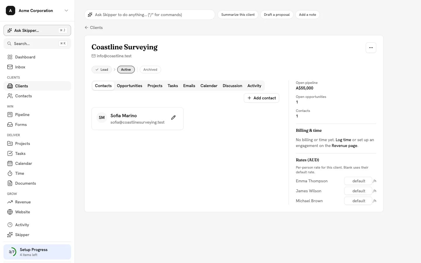 A client record showing contacts, open pipeline value, billing, agreed rates and tabs for deals, projects, tasks and emails