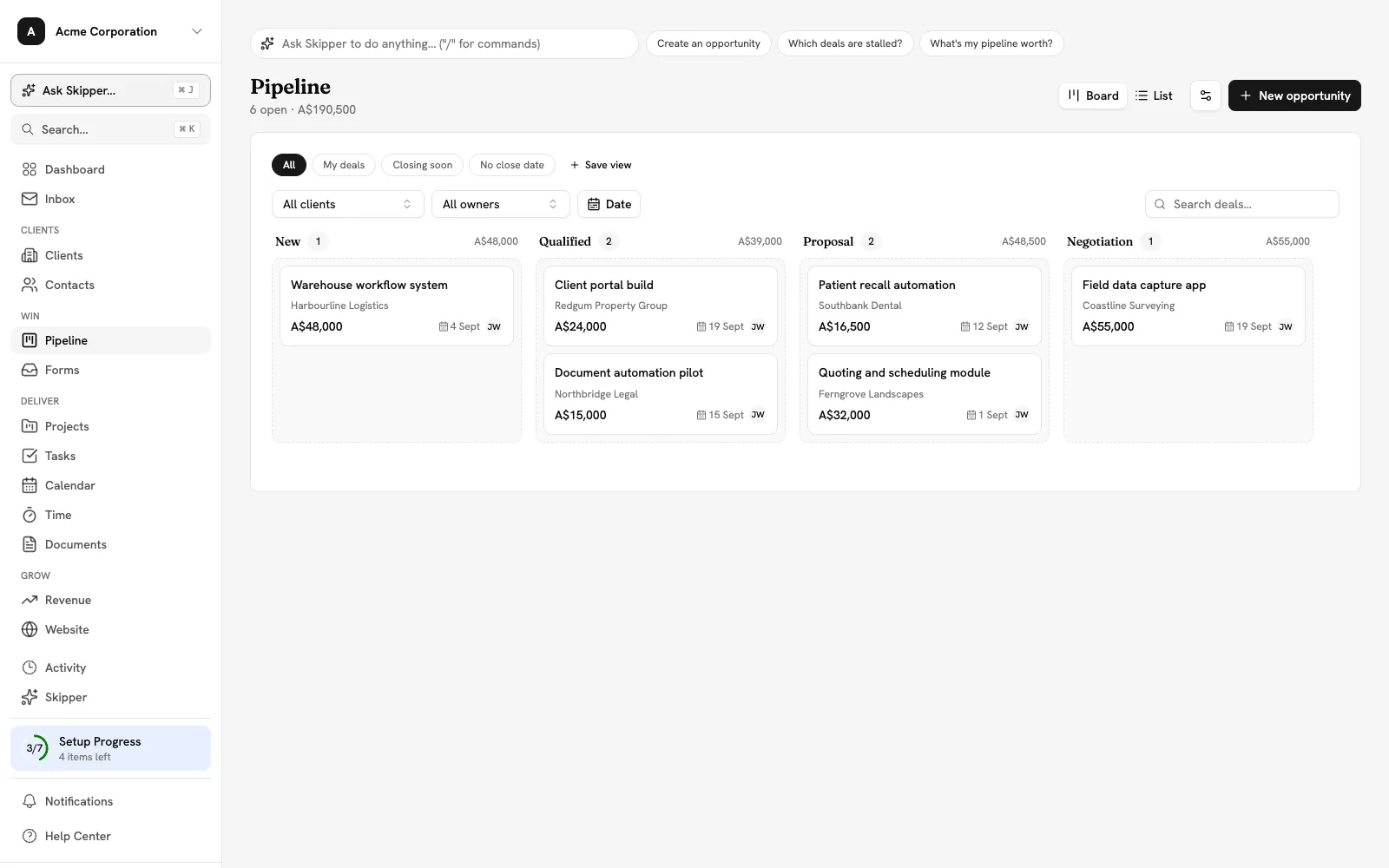 Sales pipeline board with deals in New, Qualified, Proposal and Negotiation columns, showing dollar values and close dates