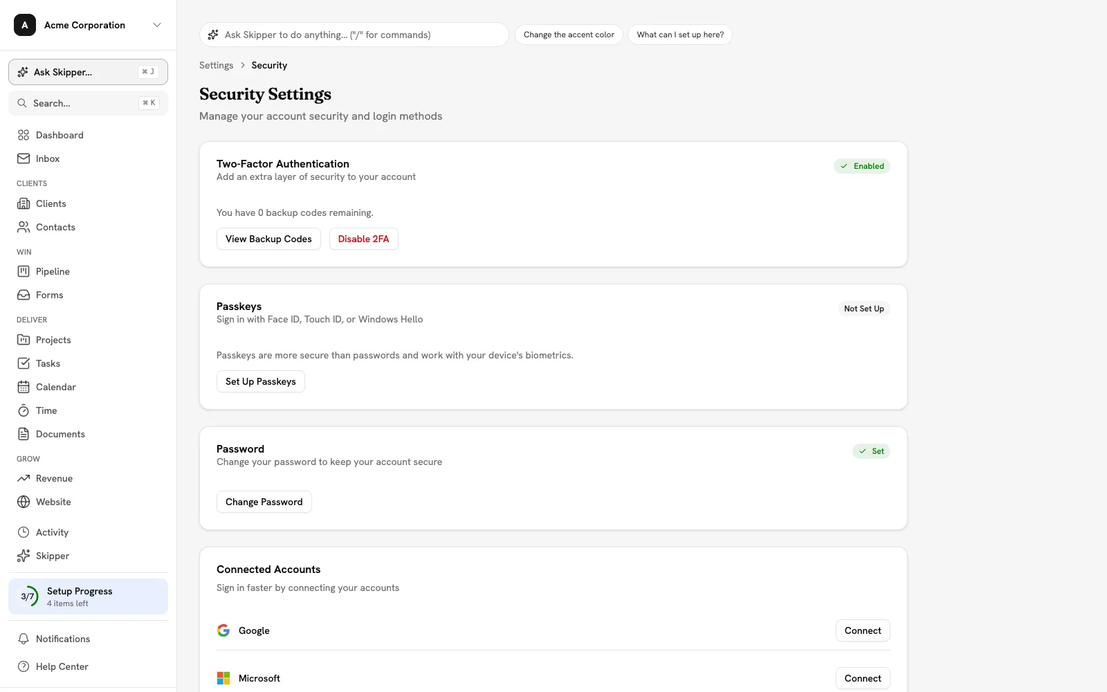 Security settings page with two-factor authentication, passkeys and password management