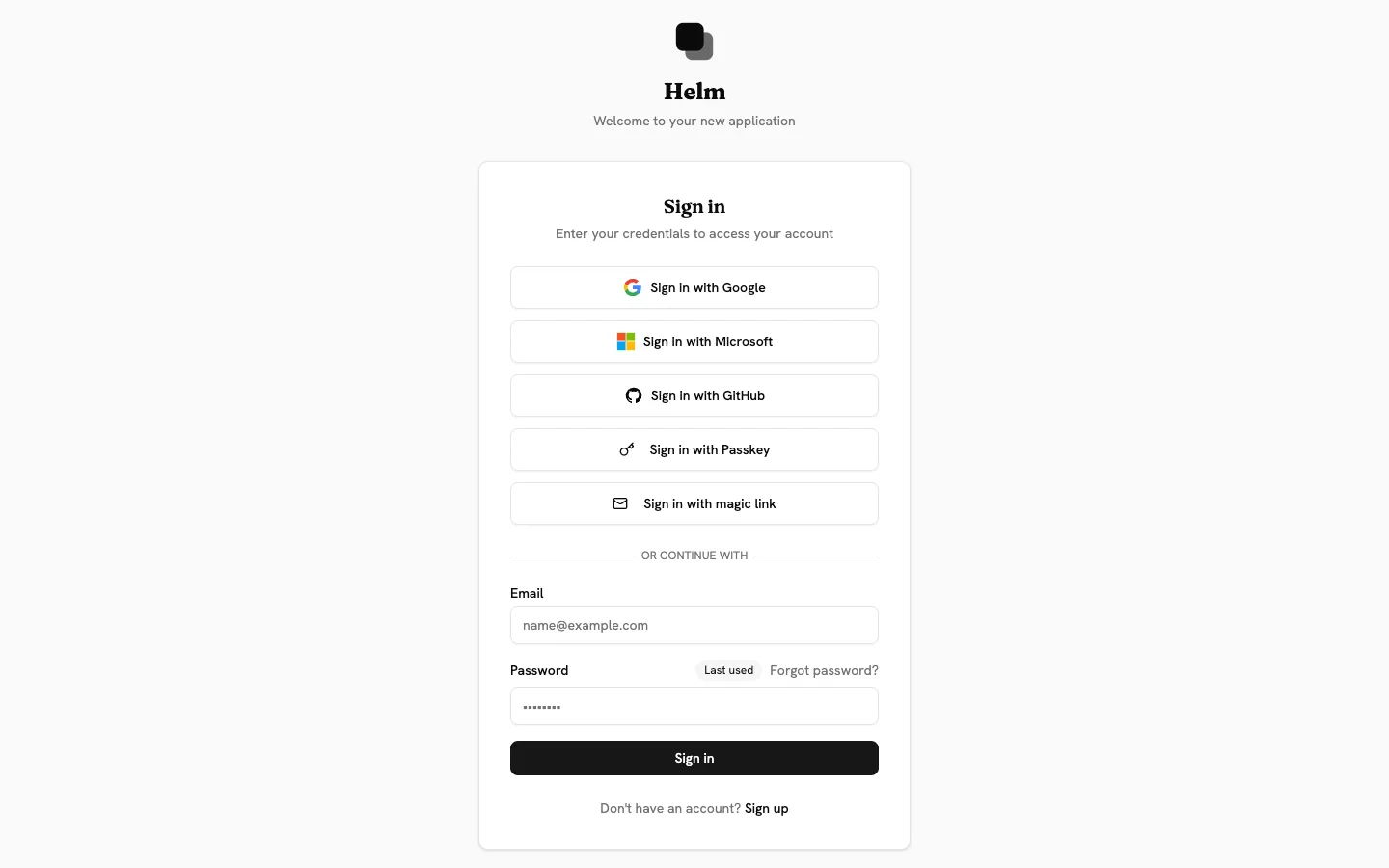 Sign-in screen with buttons for Google, Microsoft, GitHub, passkey and magic link, plus email and password