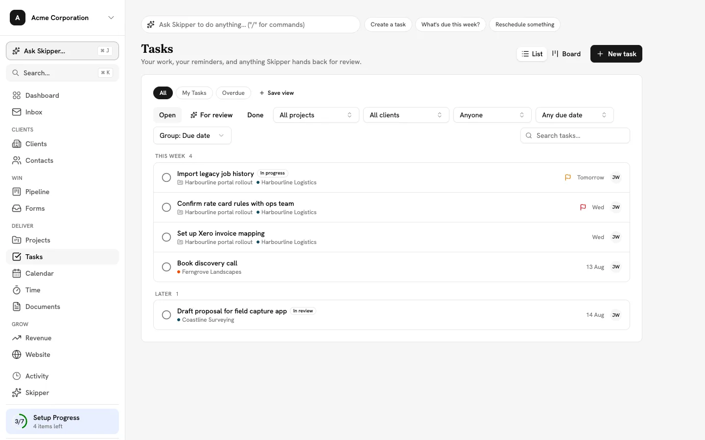 Task list grouped by due date, each task linked to a client and project, with priorities and assignees