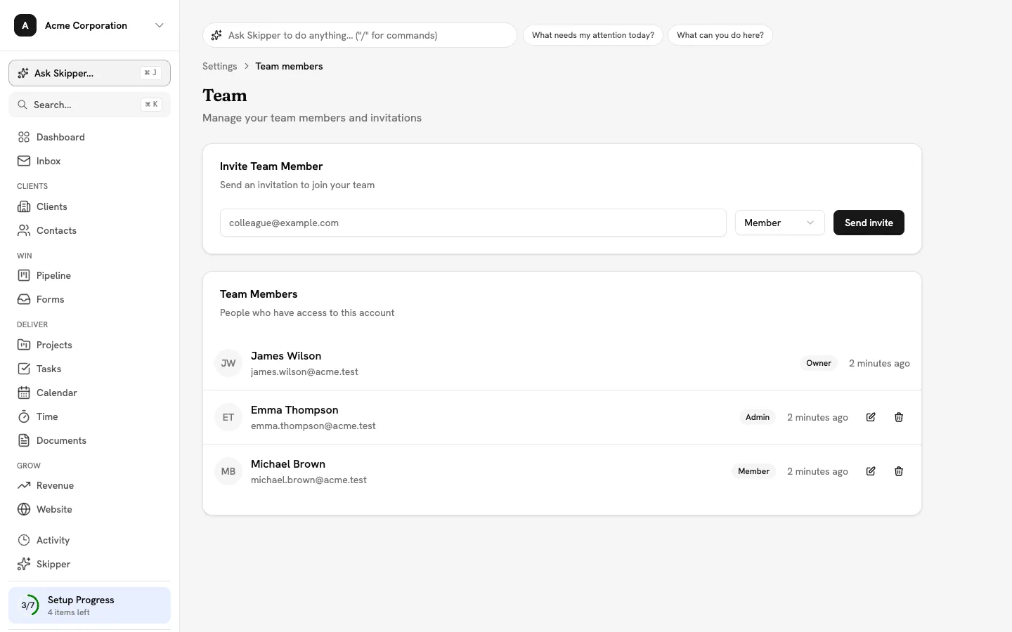 Team settings page with an invite form and a member list showing owner, admin and member roles
