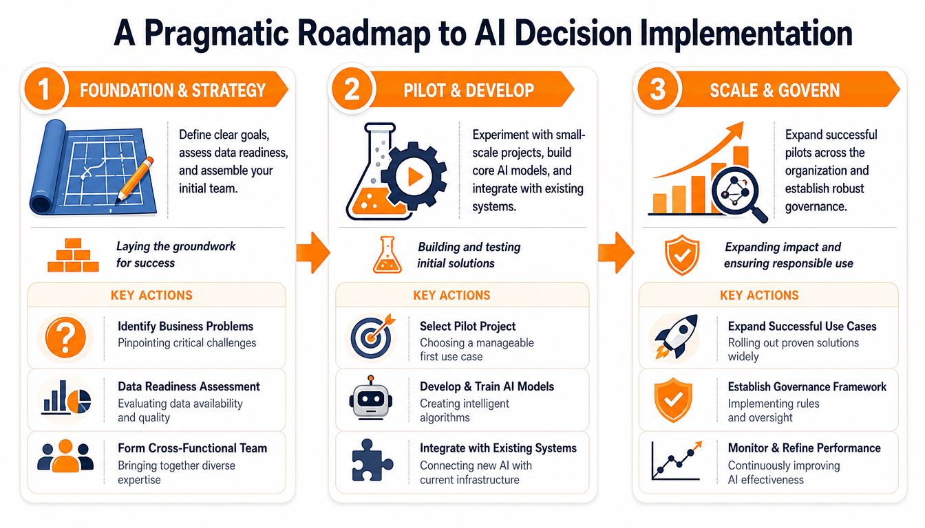 A three-step roadmap infographic for implementing AI decision-making, including strategy, pilot development, and scaling governance.