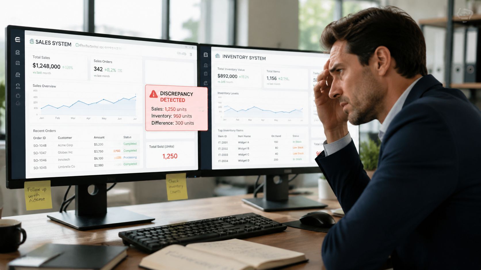 A concerned businessman looking at a computer screen showing sales and inventory system data discrepancies.