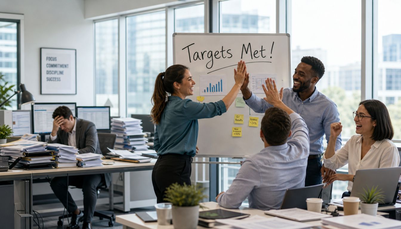 A diverse business team celebrates success with a high-five while a stressed colleague works nearby.