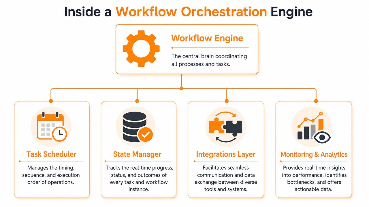 A diagram illustrating the four core components of a workflow orchestration engine including scheduling, state, integration, and analytics.