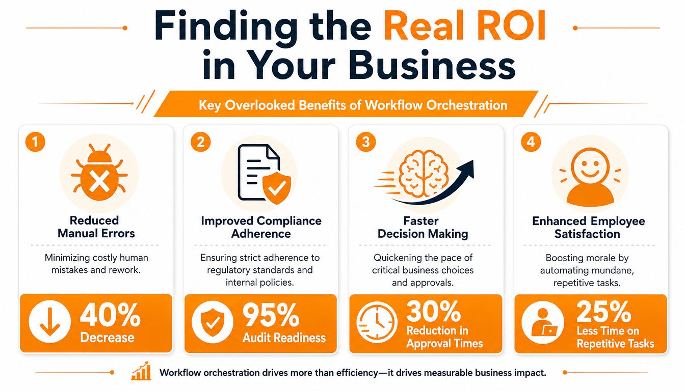 An infographic titled Finding the Real ROI in Your Business, showcasing four key benefits of workflow orchestration.
