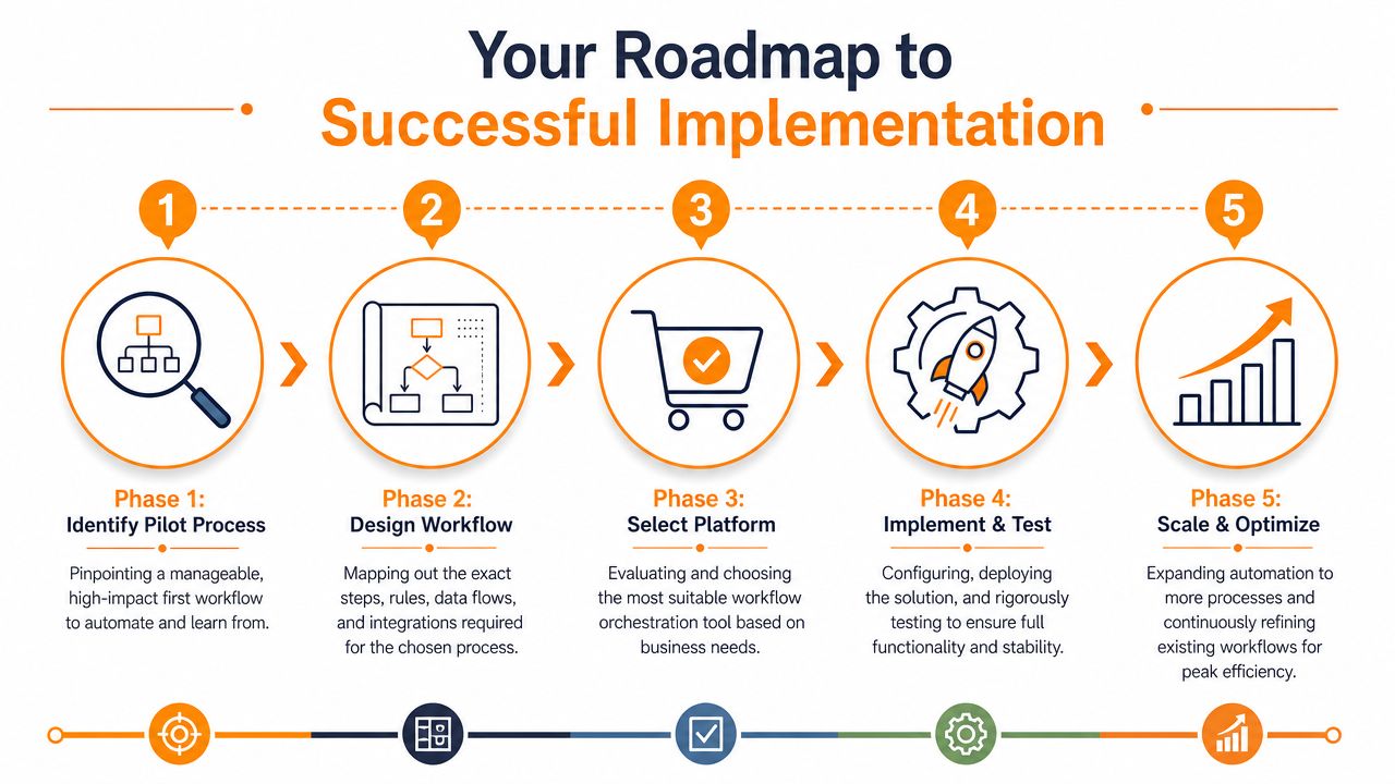 A five-step roadmap infographic for successful workflow orchestration, starting from identifying a pilot process to scaling and optimization.