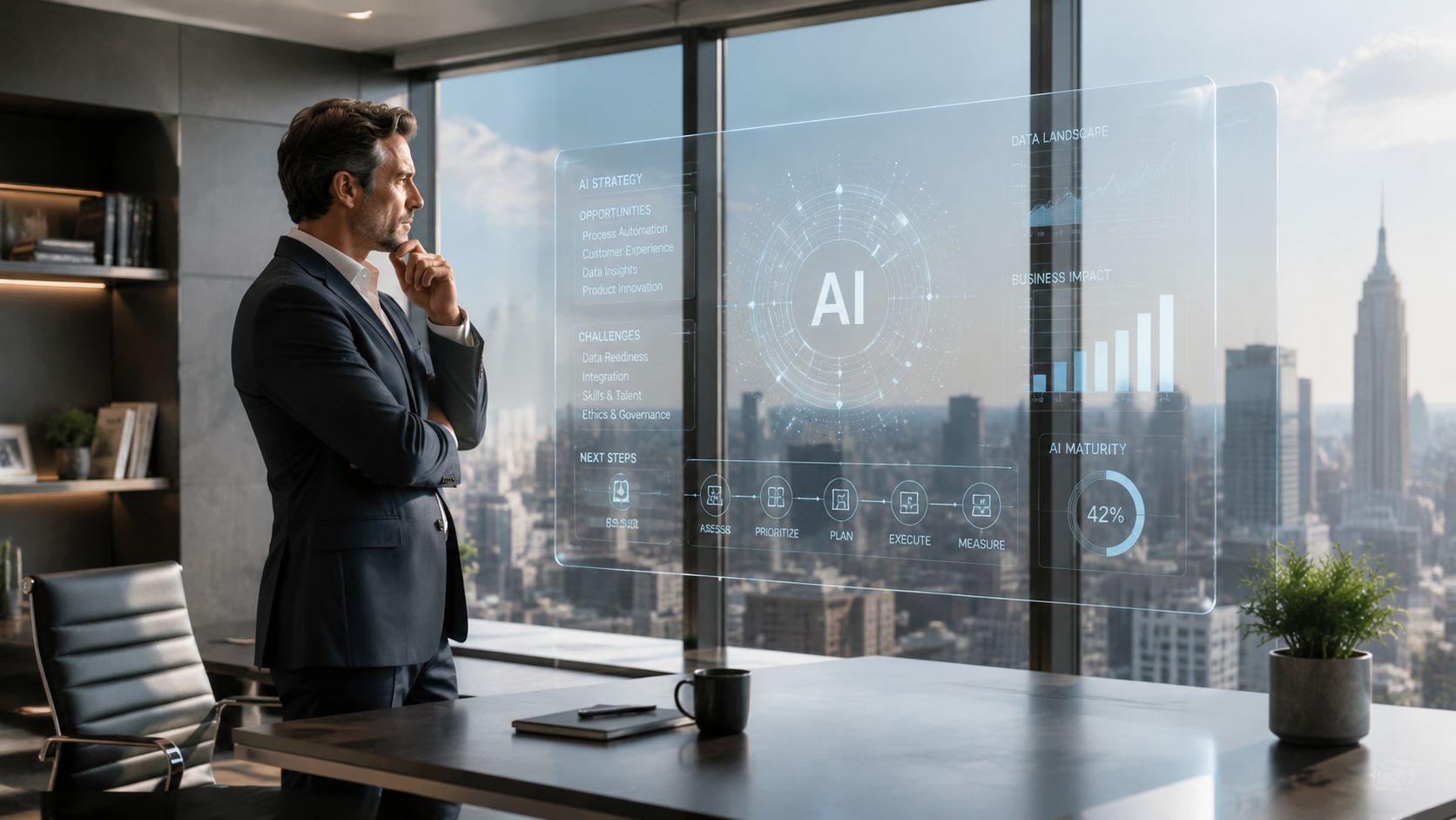 A professional man looking thoughtfully at a holographic AI strategy interface displayed over a modern office city view.