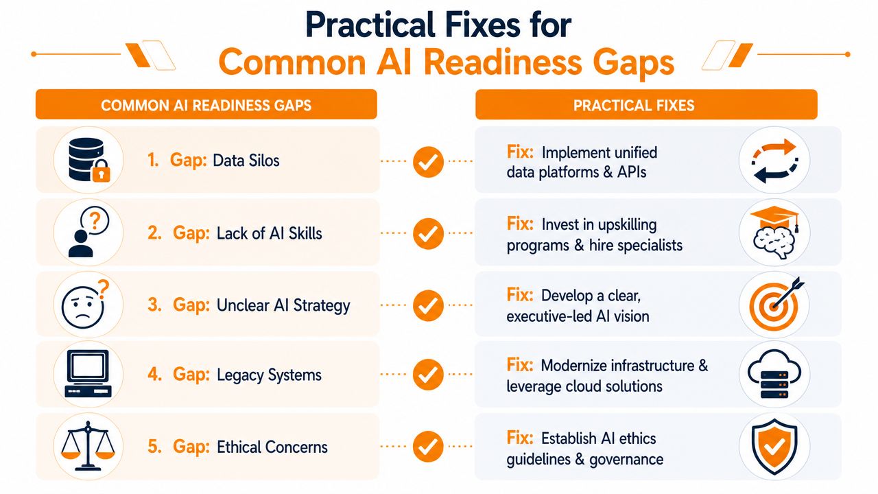 A chart showing five common AI readiness gaps and their corresponding practical solutions for business implementation.