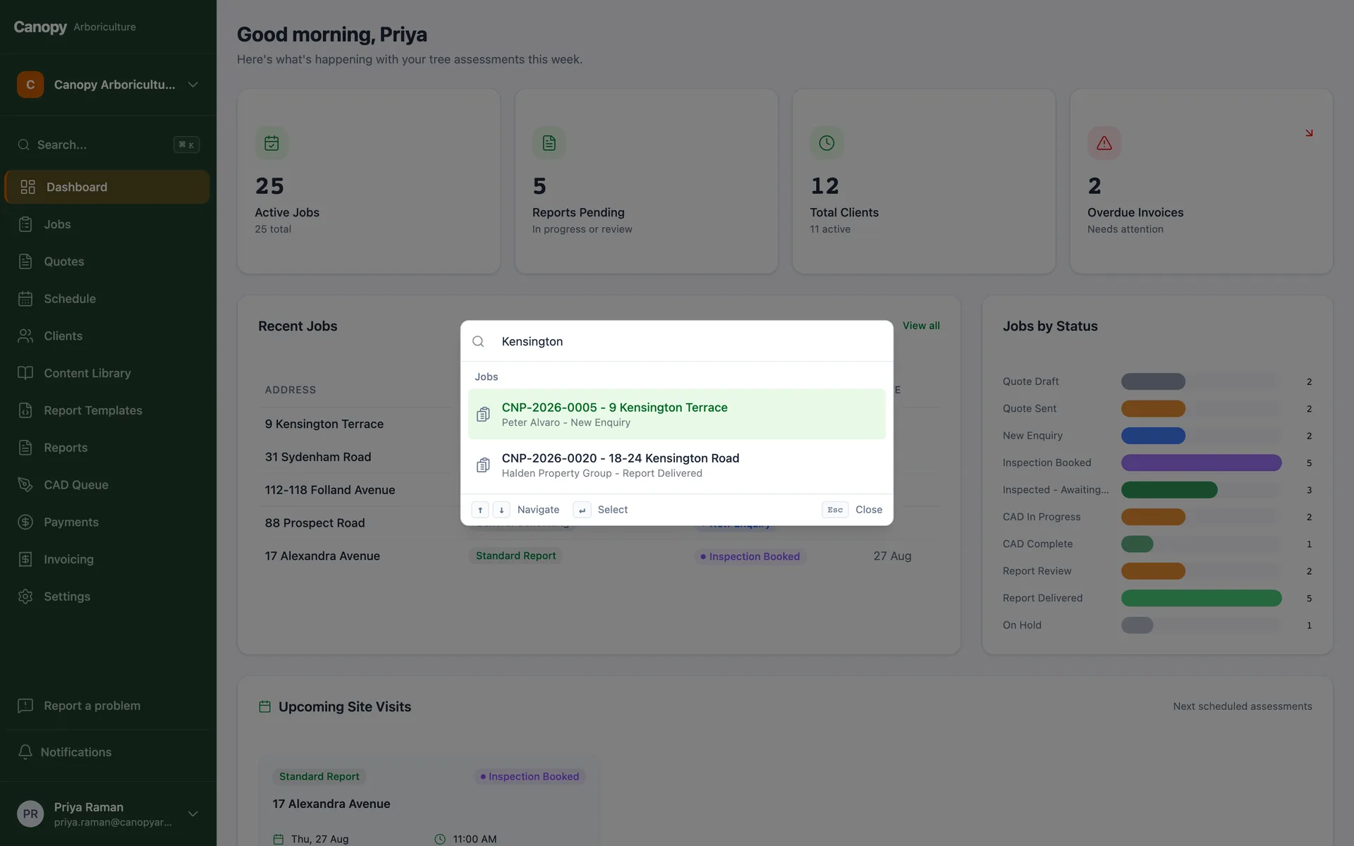 A command palette opened over the portal, searching jobs and clients