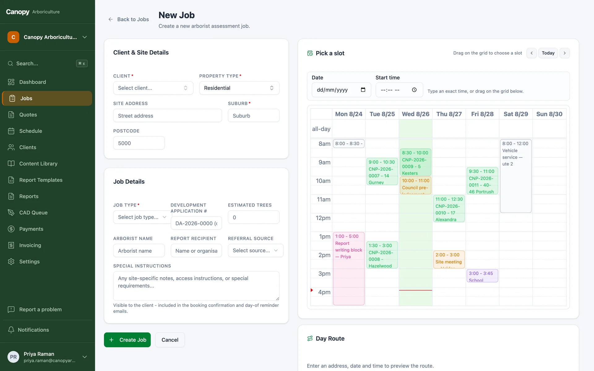 The new job form capturing client, site address, job type and schedule