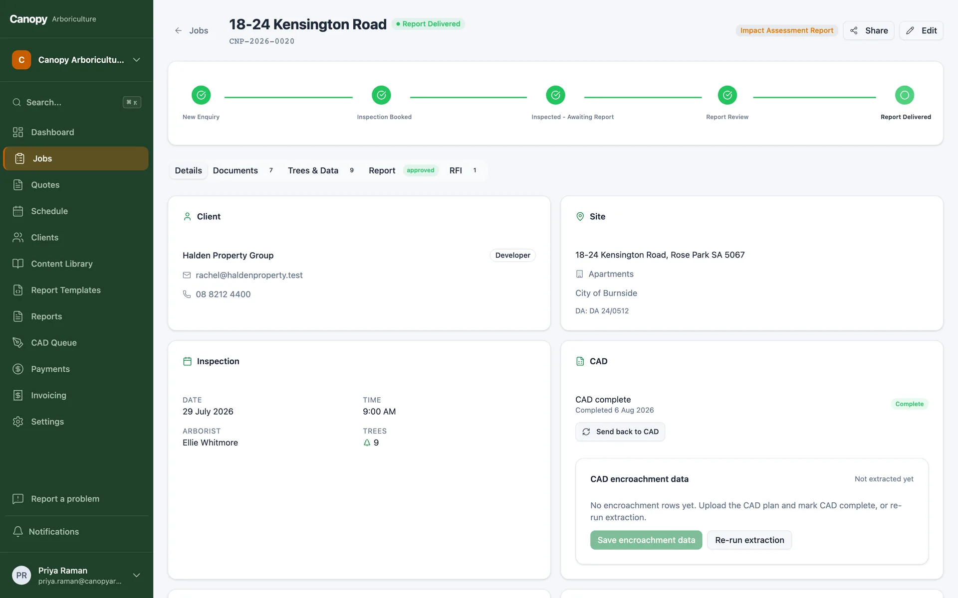 A job page with a journey stepper and tabs for details, documents, trees, report and RFI