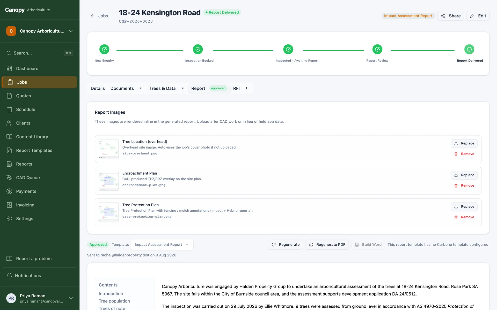 A report tab with named image slots for the overhead, encroachment plan and tree protection plan, above the generated report