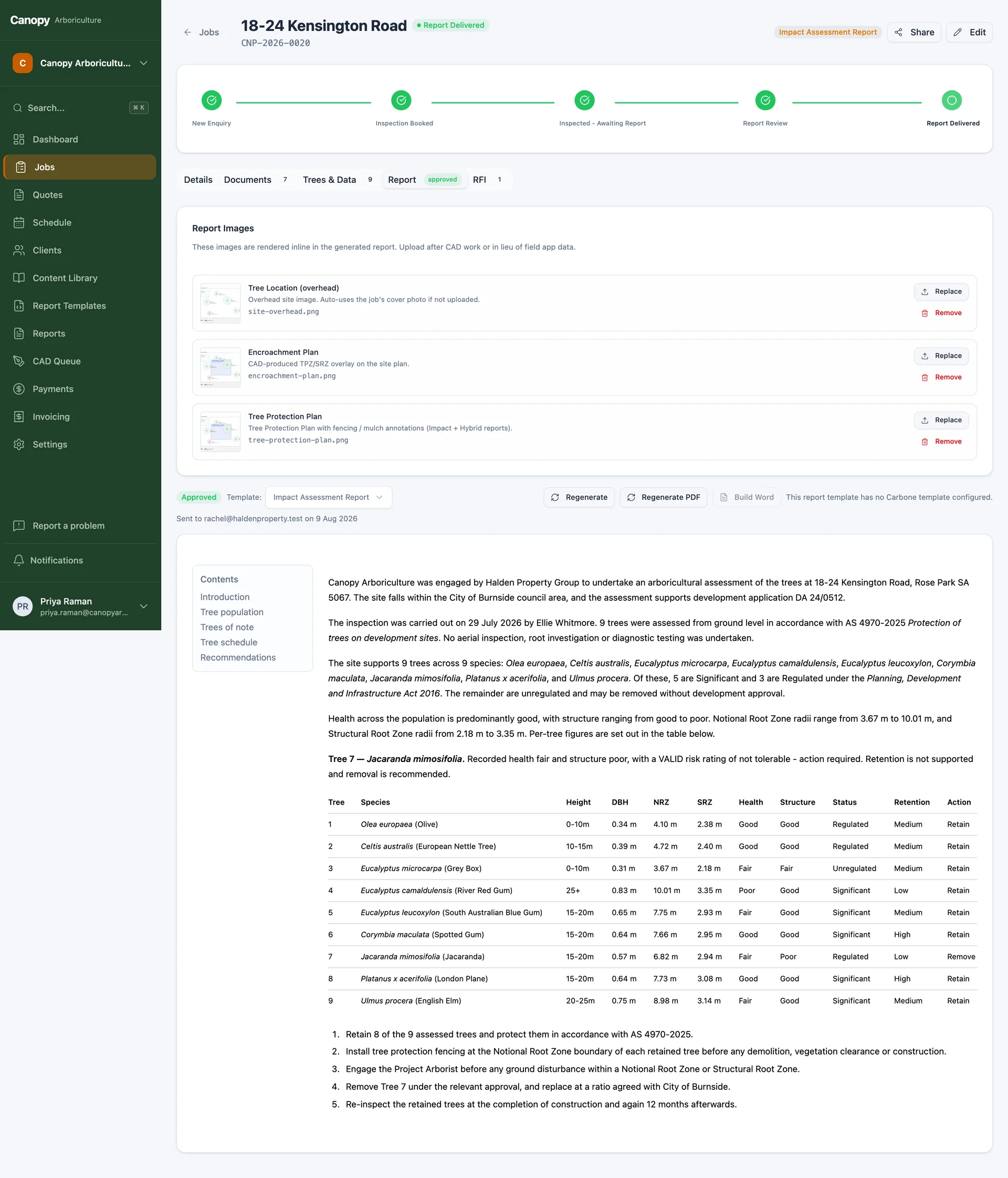 A full generated arboricultural report with contents, narrative sections and per-tree tables