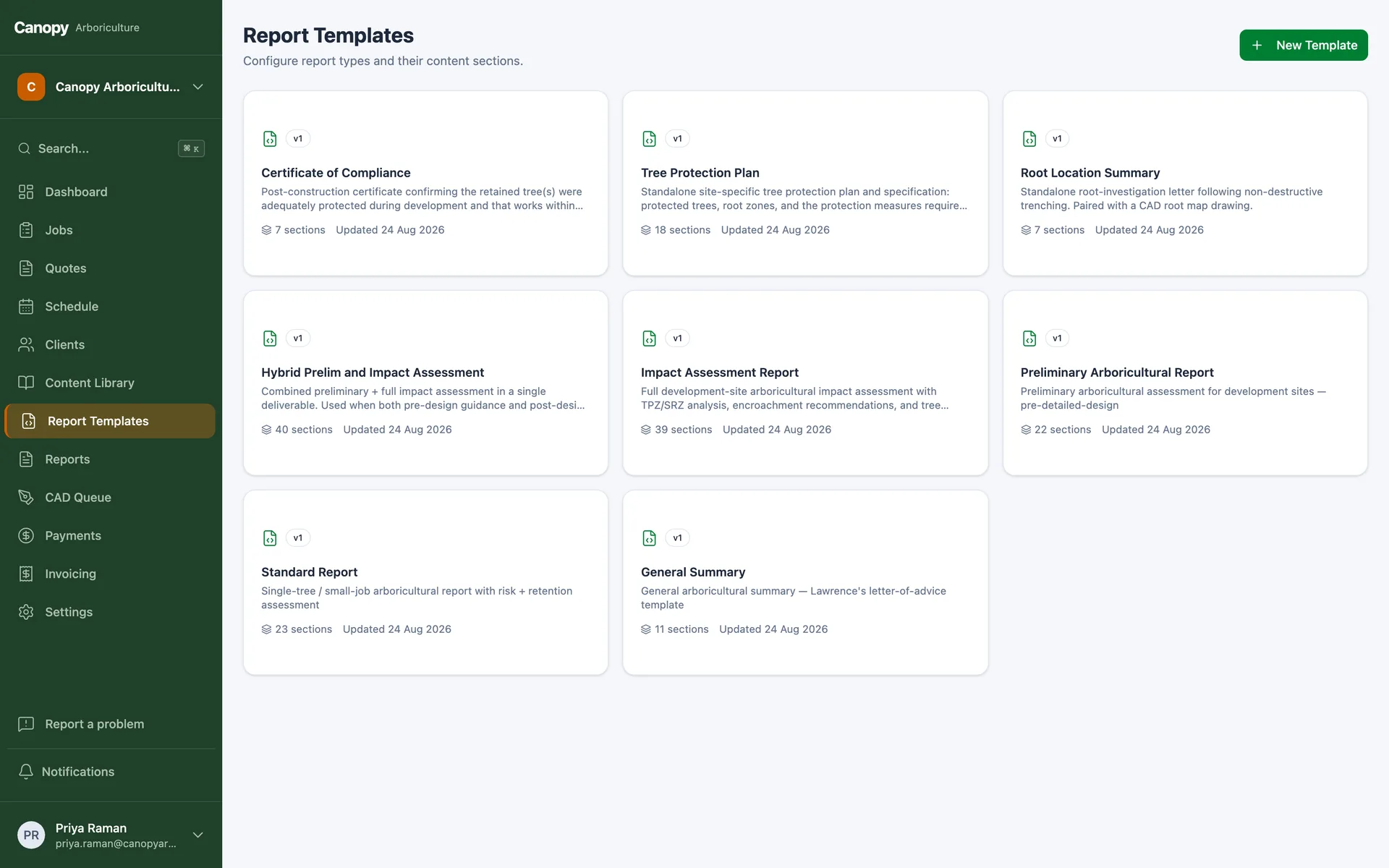 A list of report templates with their section counts