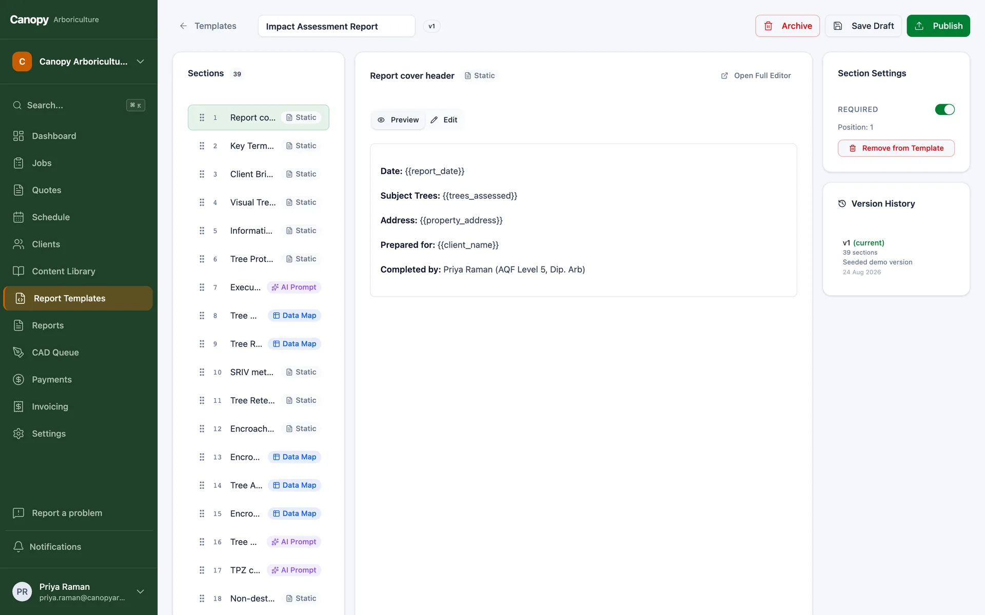 A template builder listing sections tagged static, data map or AI prompt, with version history
