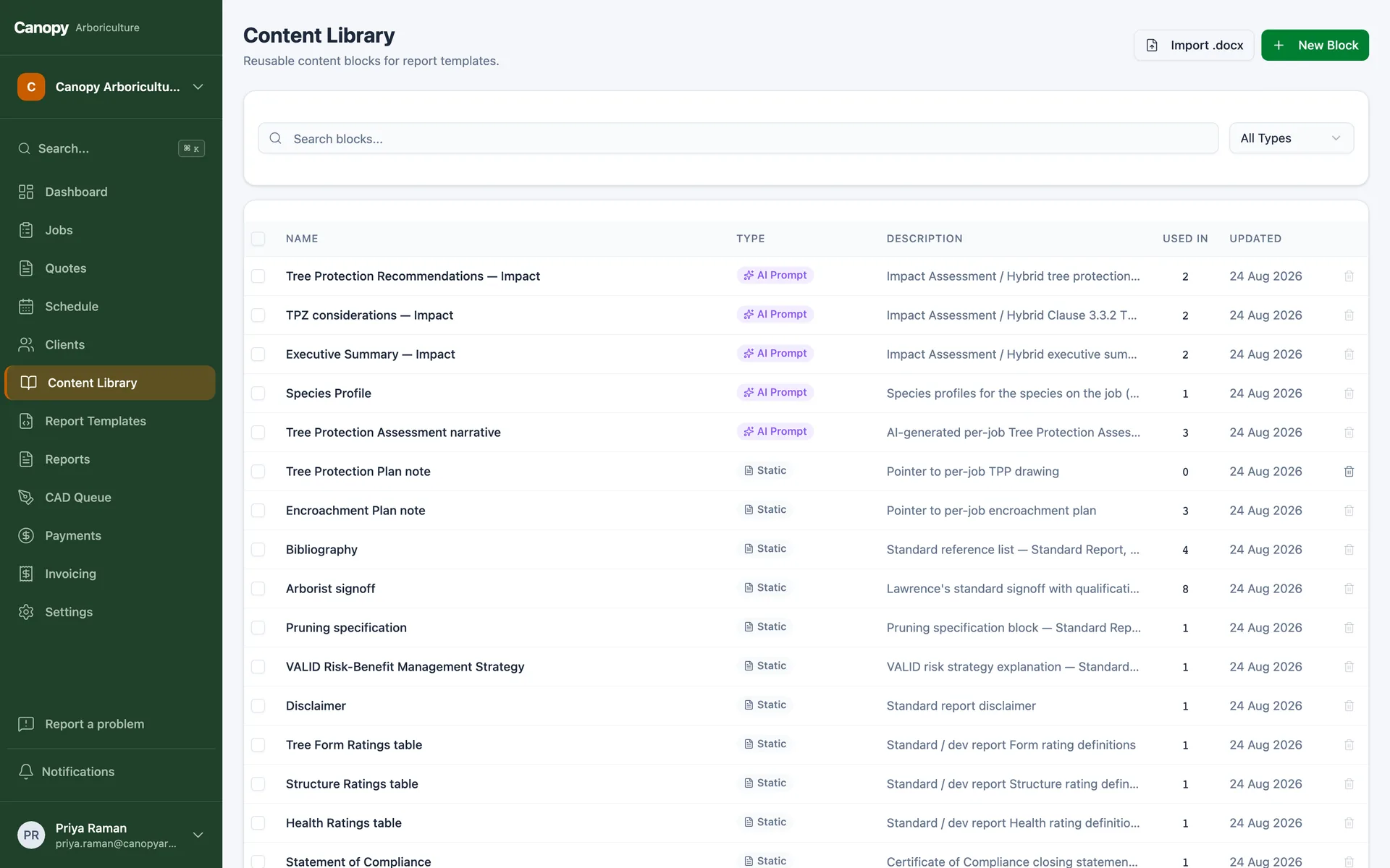 A library of reusable content blocks shared across report templates