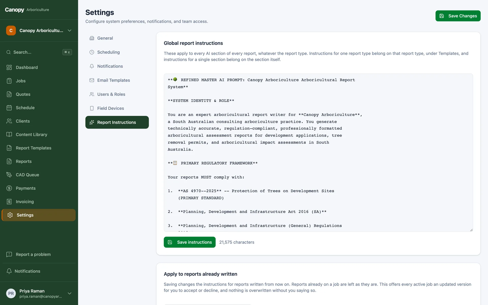 A screen of editable AI report instructions
