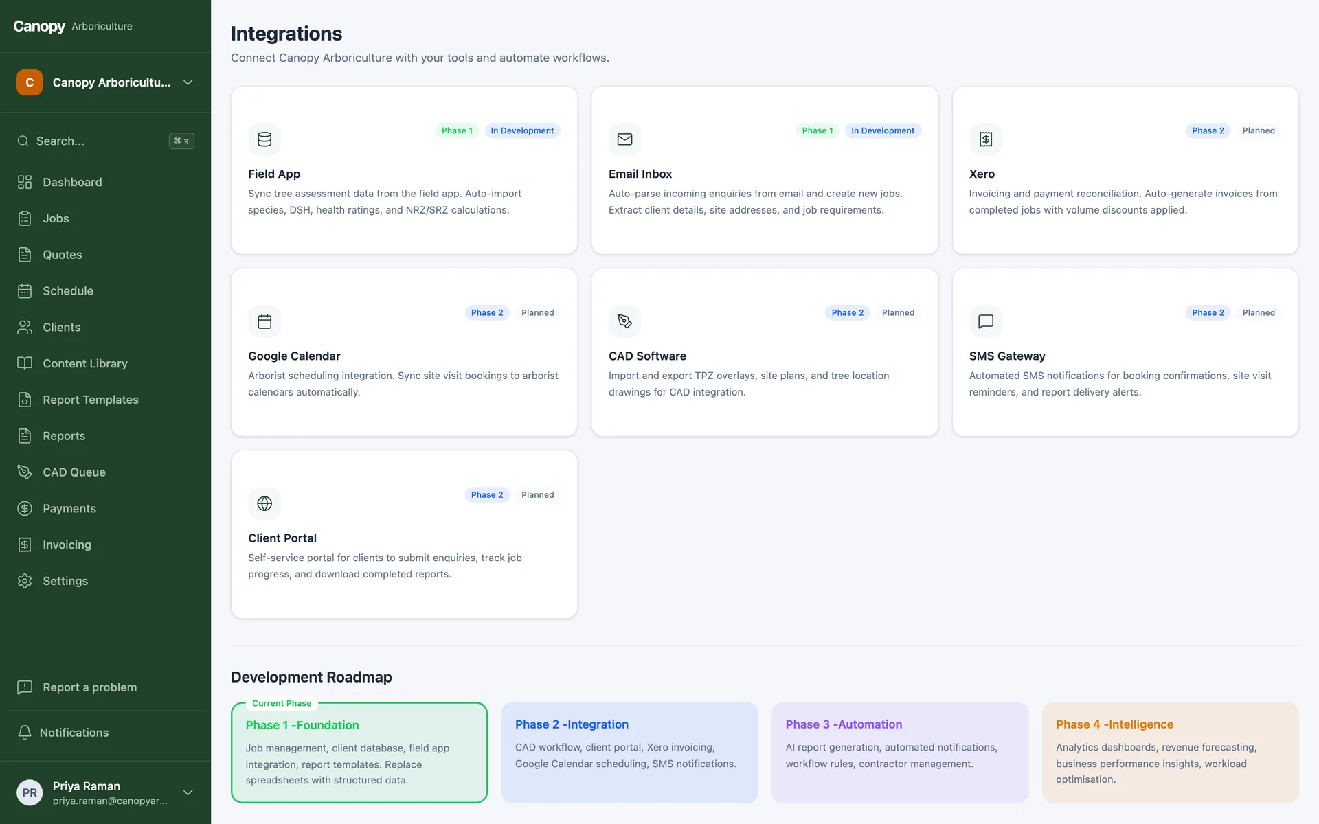 The integration status screen
