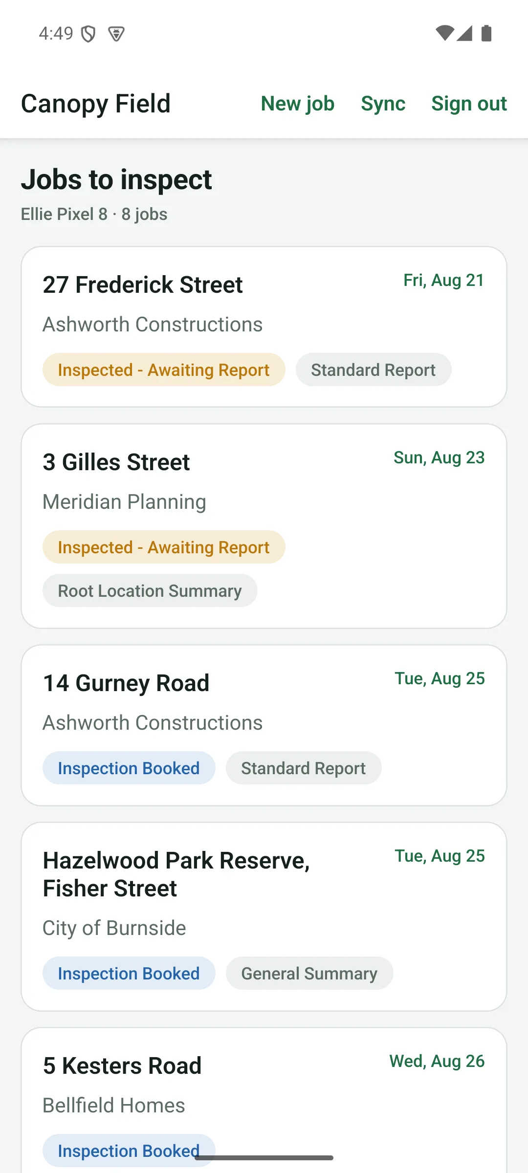 The field app job list showing eight jobs with client, date, status and report type