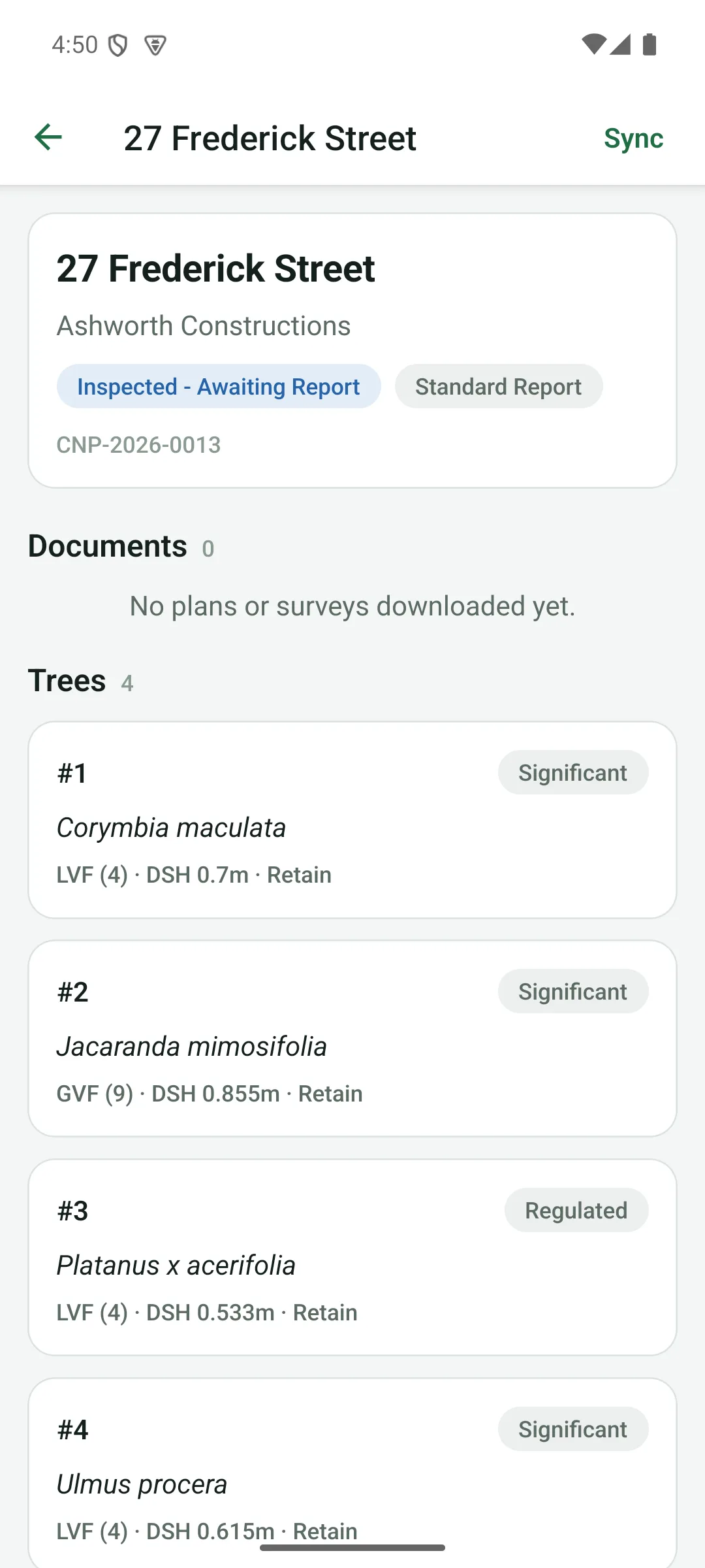 A field app job screen showing the job reference, plans and the trees recorded against it