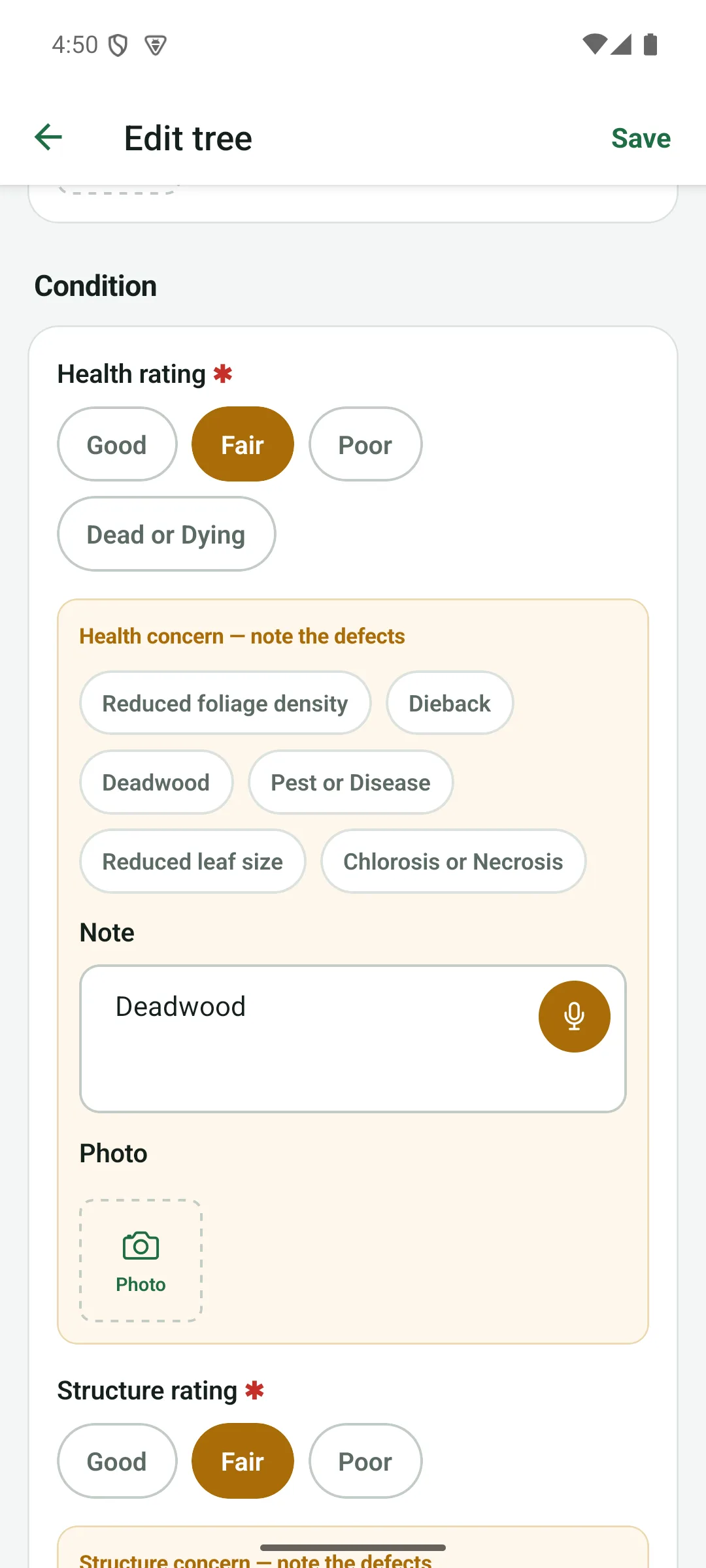 The condition section of the tree form with health rating, defect chips, a photo slot and a voice note button
