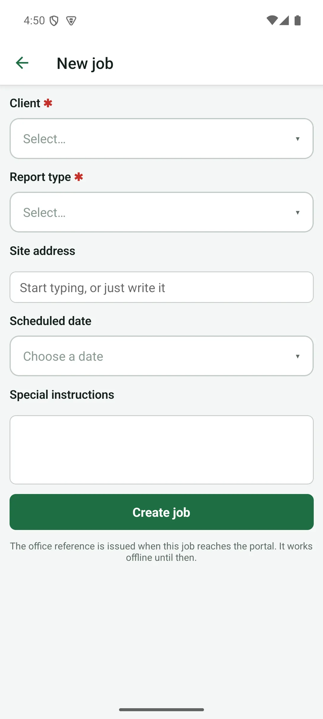 The field app new job form with client, report type, address, date and instructions