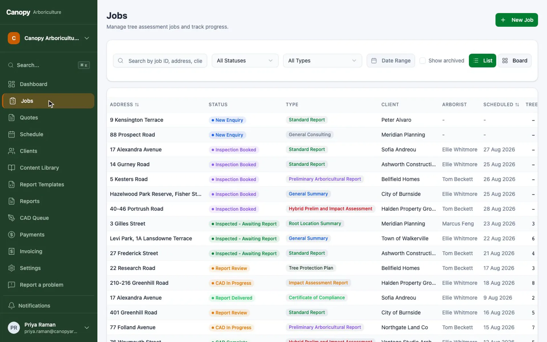 Screen recording moving from the dashboard through the job list to a single job's trees, documents and report