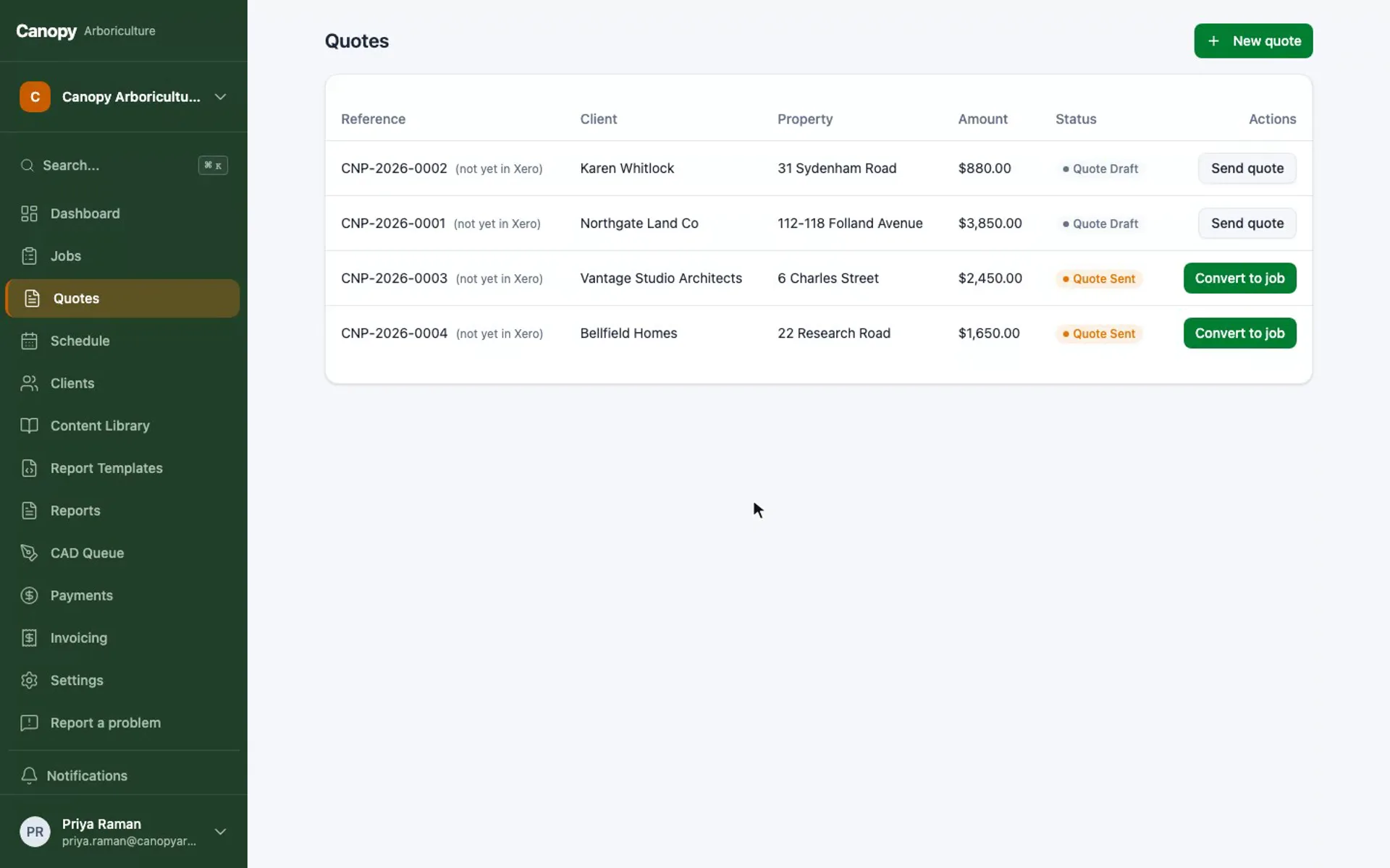 Screen recording of the quote list and a new quote being drafted