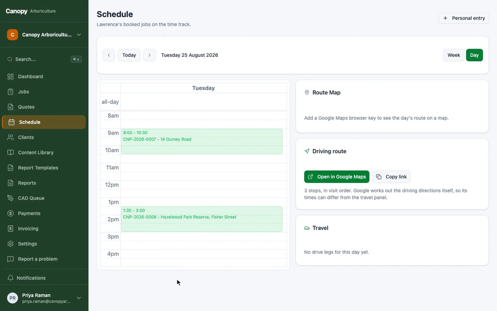 Screen recording of the week calendar, a day's route and the day view