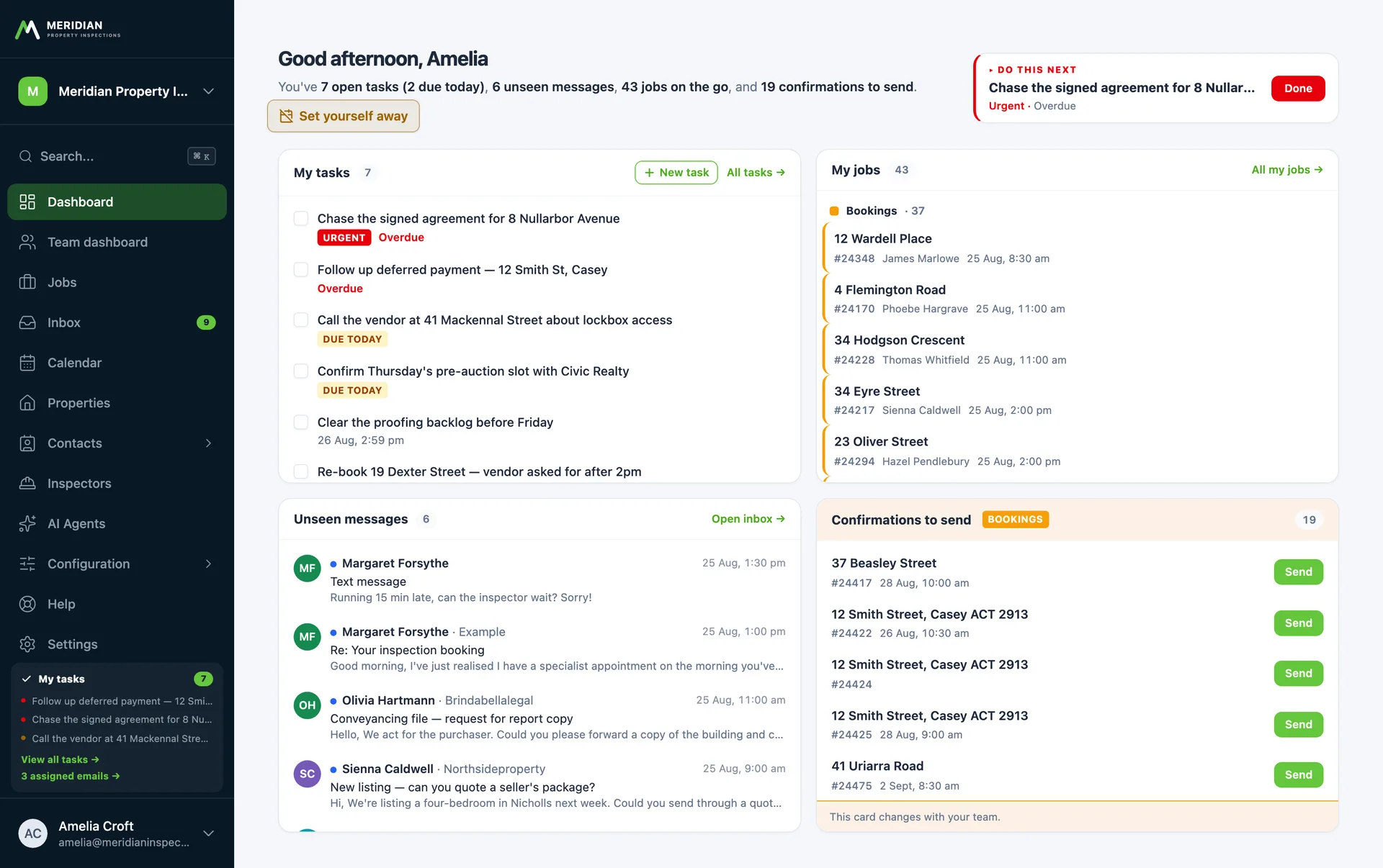 A personal dashboard showing open tasks, unseen messages, today's jobs and a queue of confirmations to send
