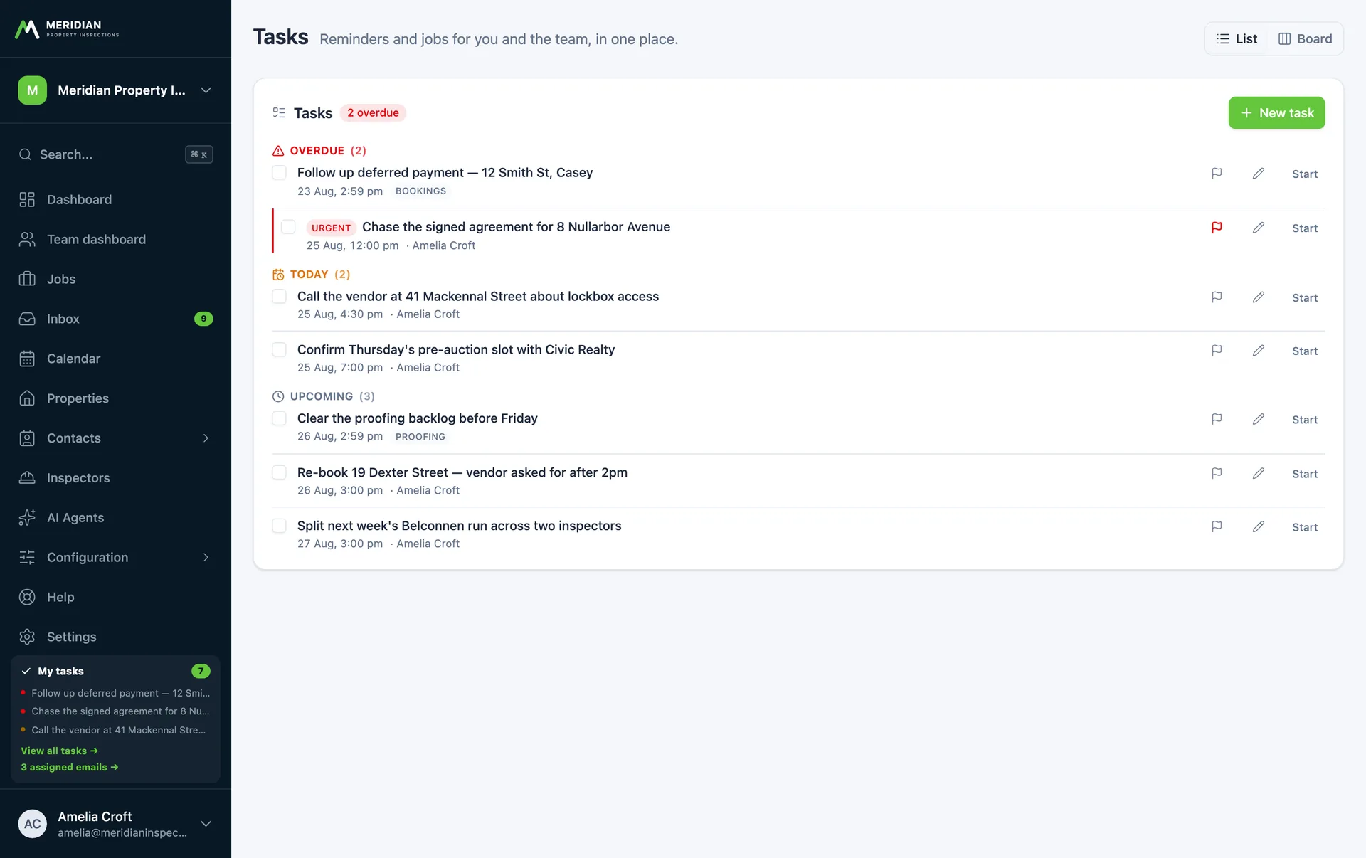 A task list with due dates, priorities and the job each task belongs to