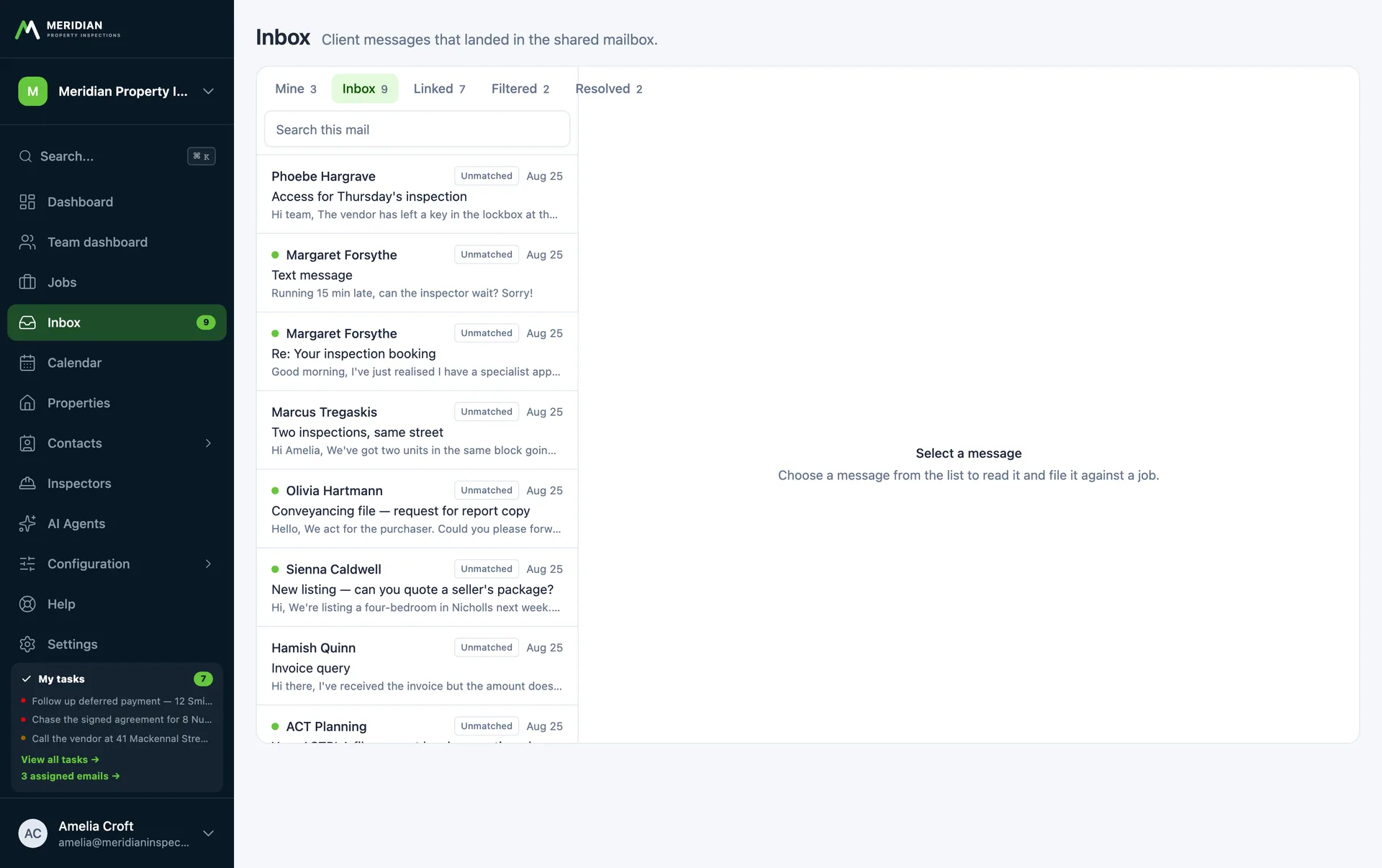 A shared inbox with unmatched, mine, linked, filtered and resolved queues