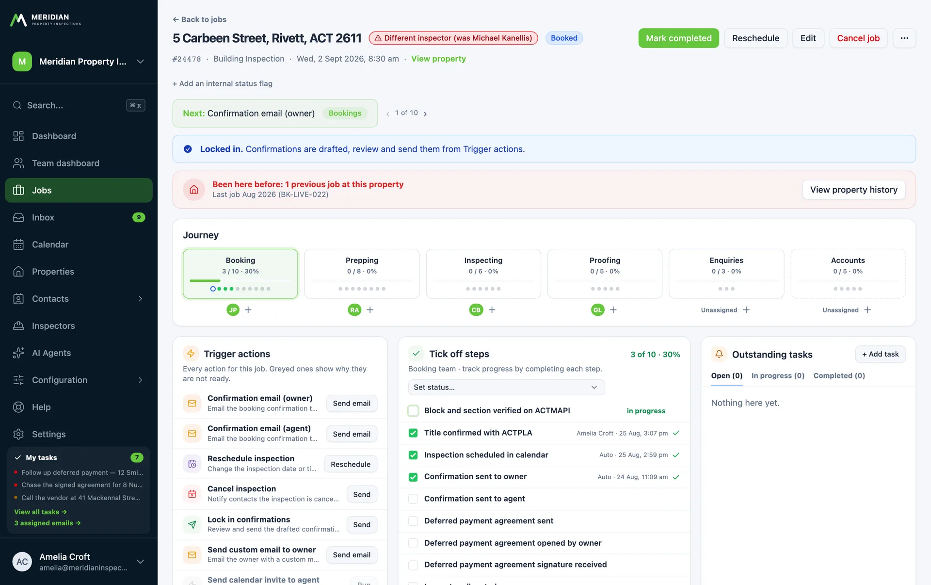 A job page showing six parallel team journey lanes, a step checklist, trigger actions and outstanding tasks