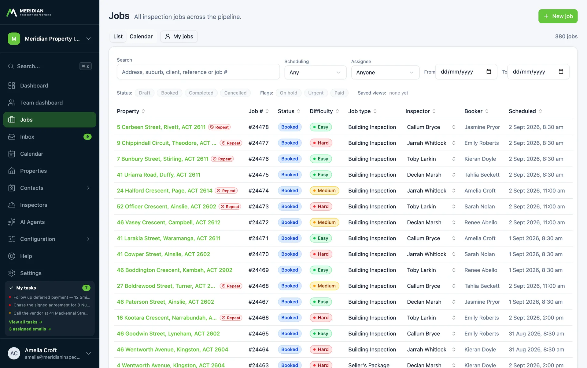 A searchable, filterable and sortable list of inspection jobs