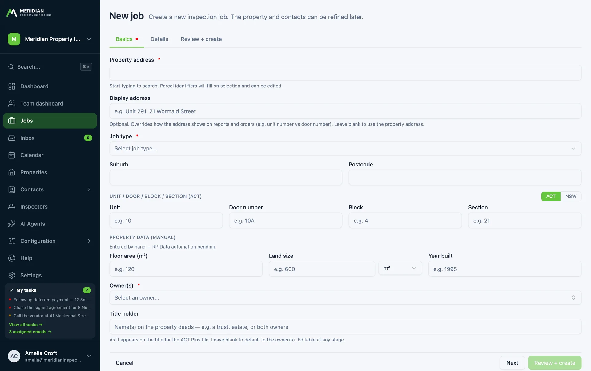 The new job form, capturing property, package, contacts and inspection time