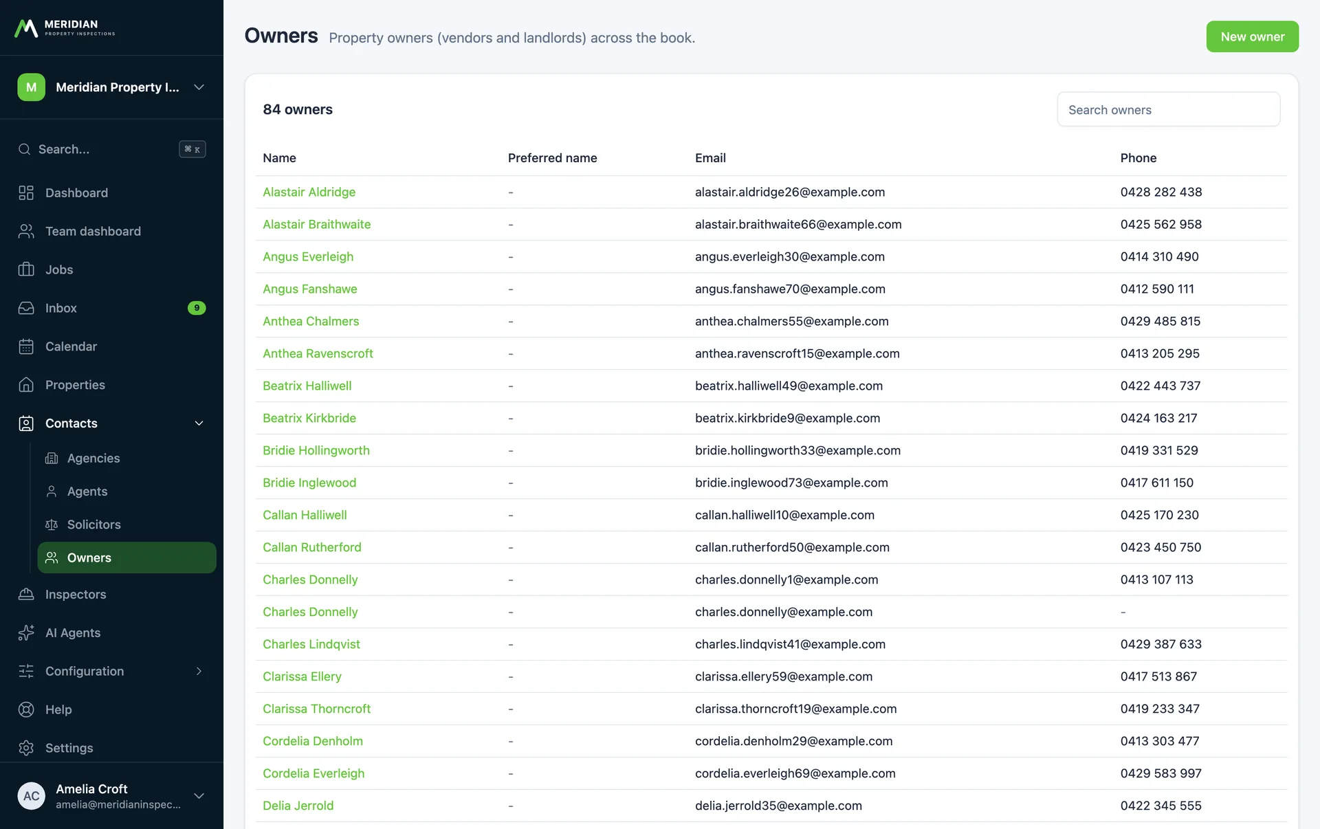 The owner register linked to properties and jobs