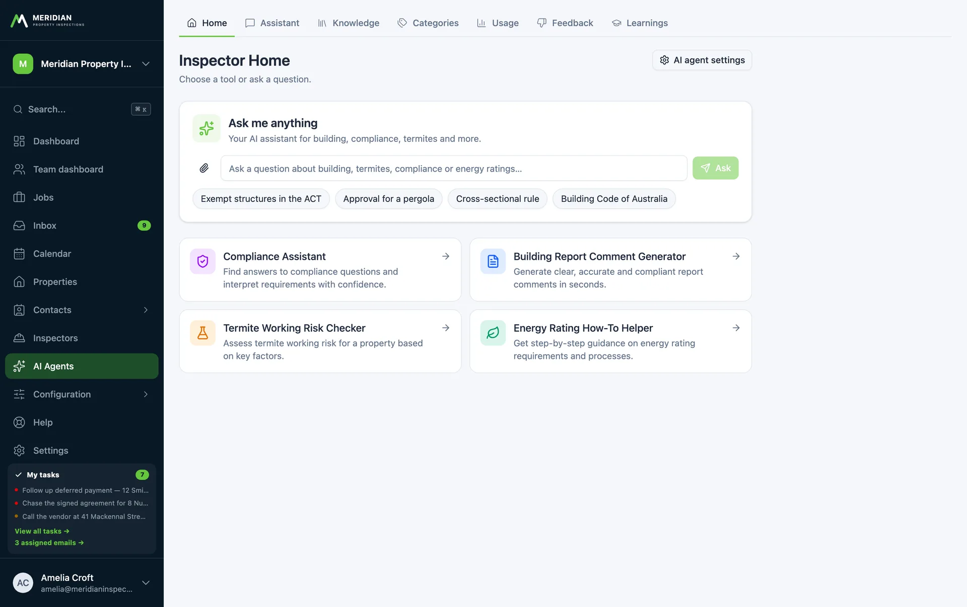 A home screen for four AI assistants covering compliance, report comments, termite risk and energy ratings