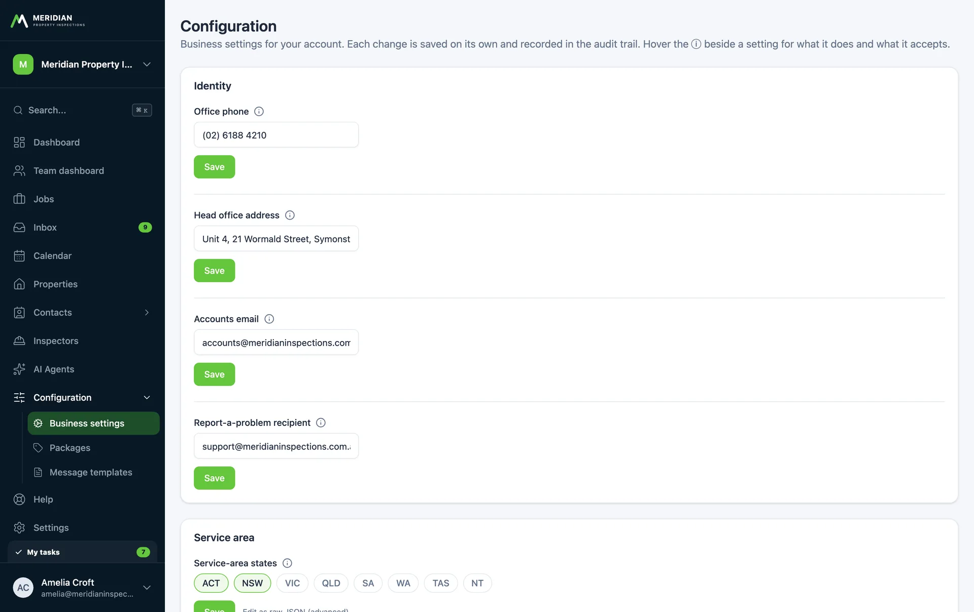 The configuration area covering business settings, job types and journey steps