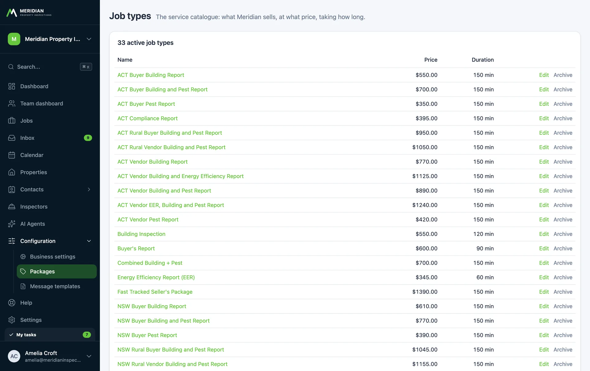 The inspection package catalogue with prices