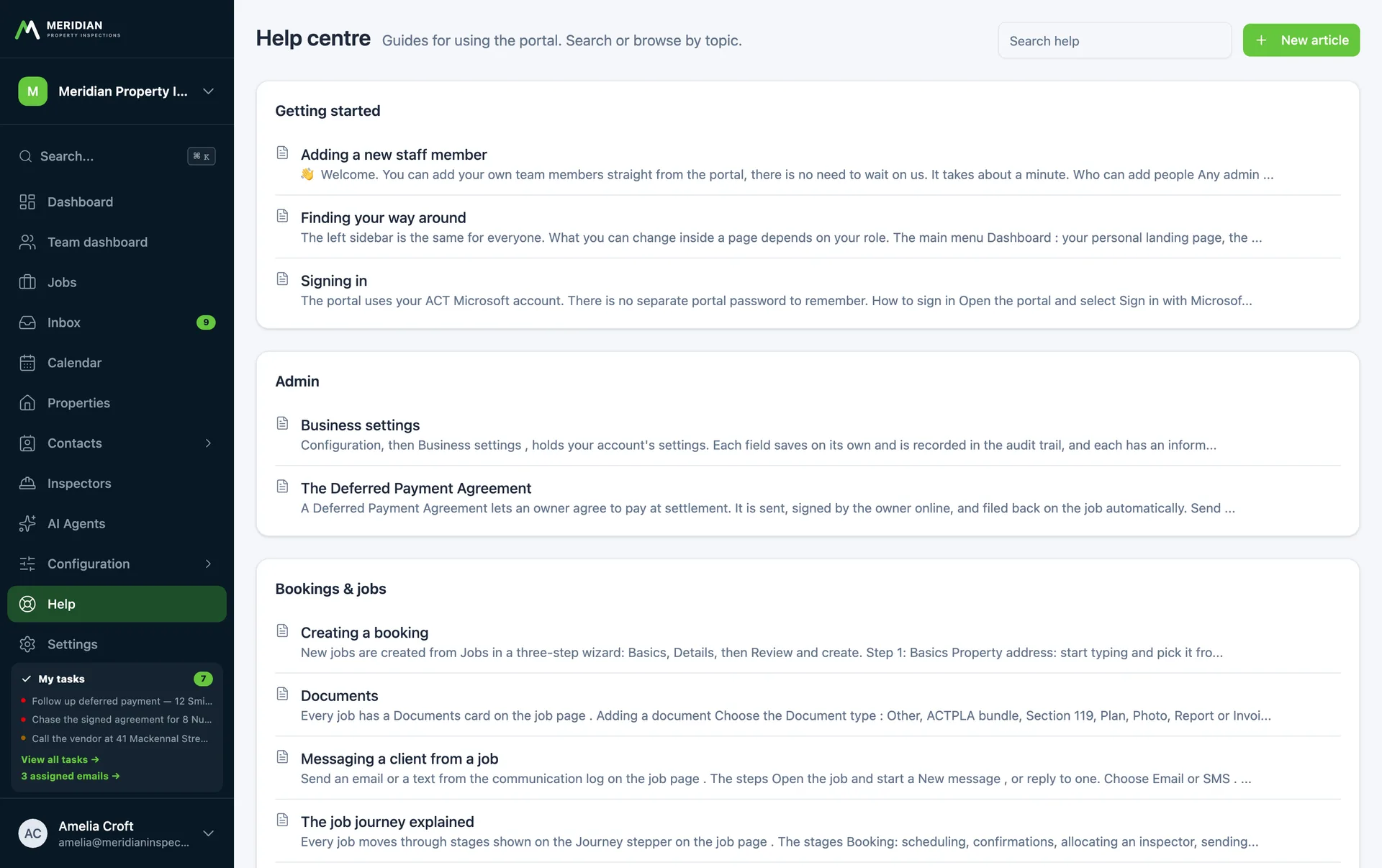 An in-app help centre with searchable articles