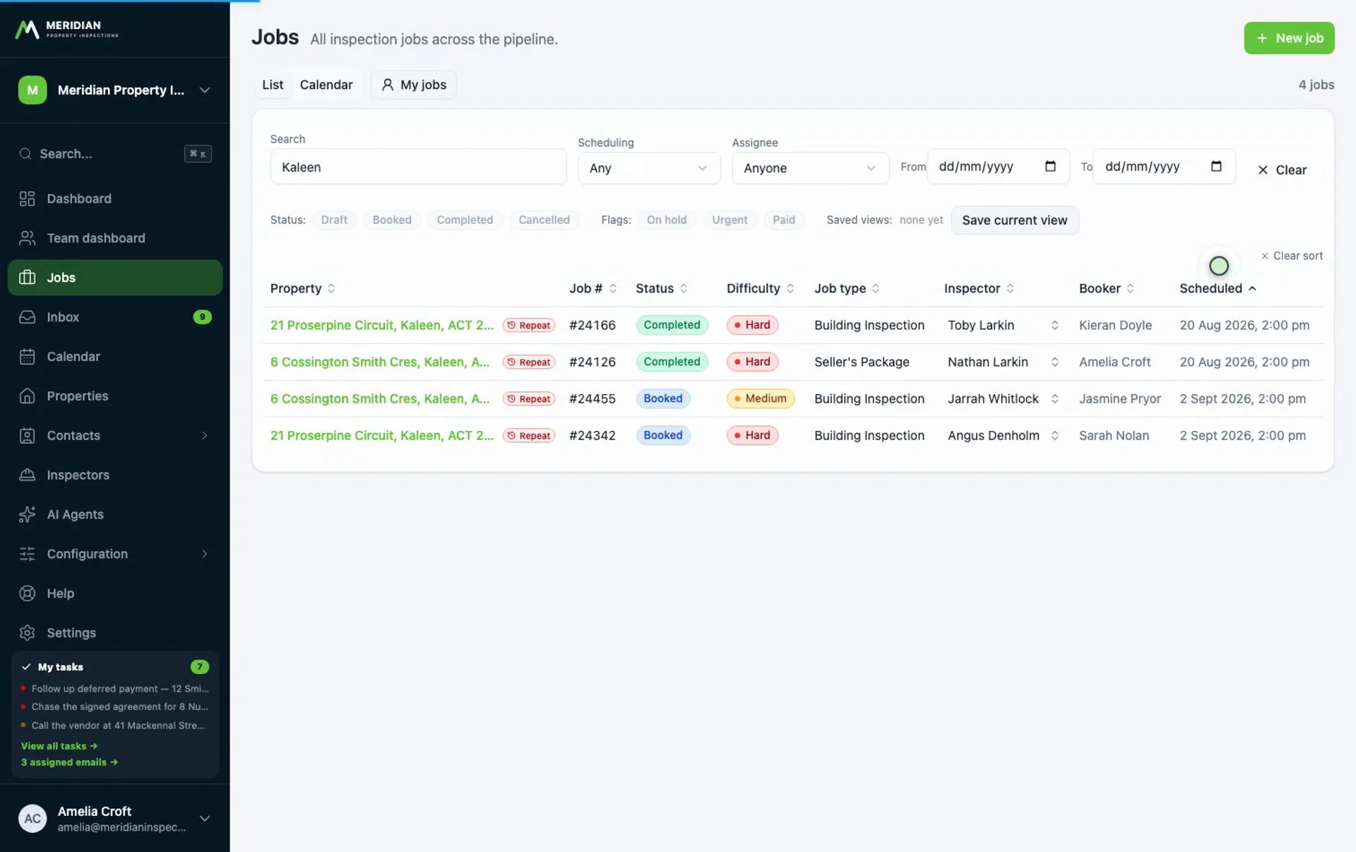 Screen recording of searching, filtering and sorting the job list