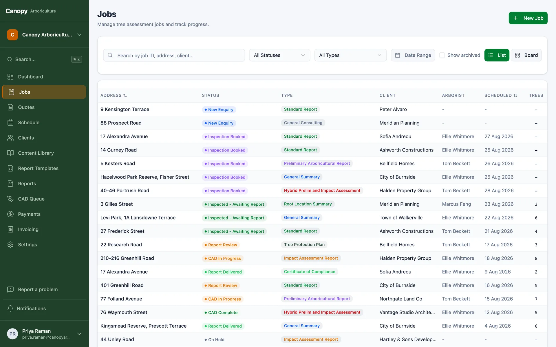 A list of arboriculture jobs with address, type, status and scheduled date