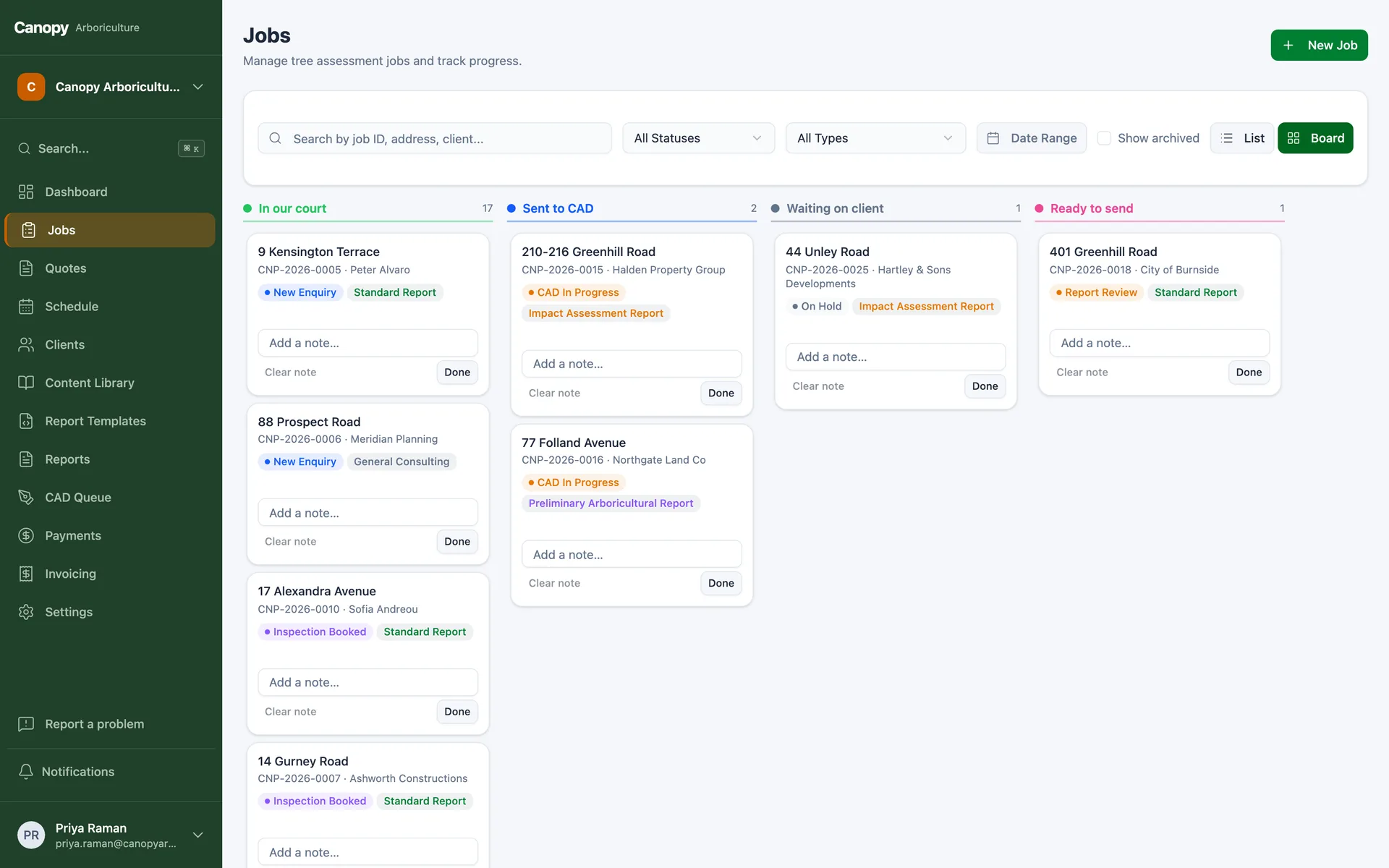 A kanban board of jobs grouped by journey stage