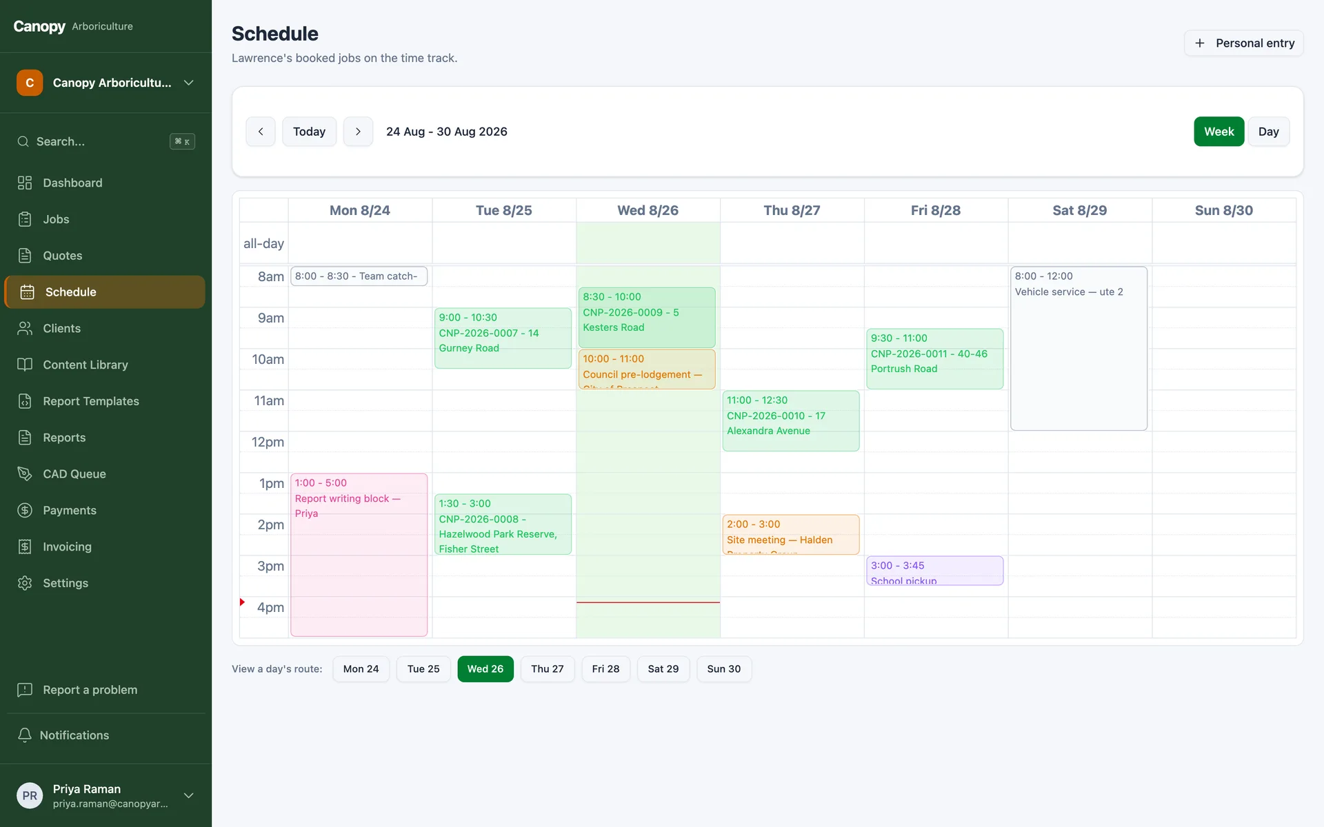 A week calendar showing booked inspections alongside office blocks and personal entries
