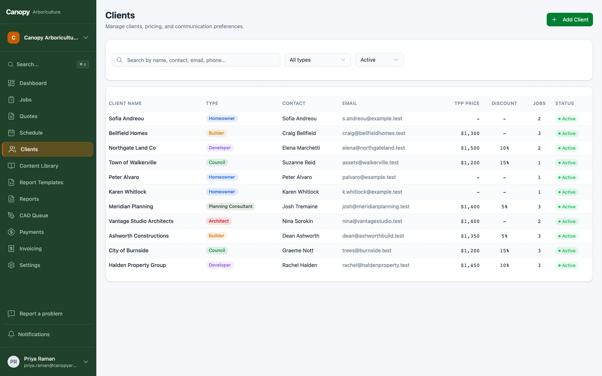 The client register showing active jobs and recent payments per client