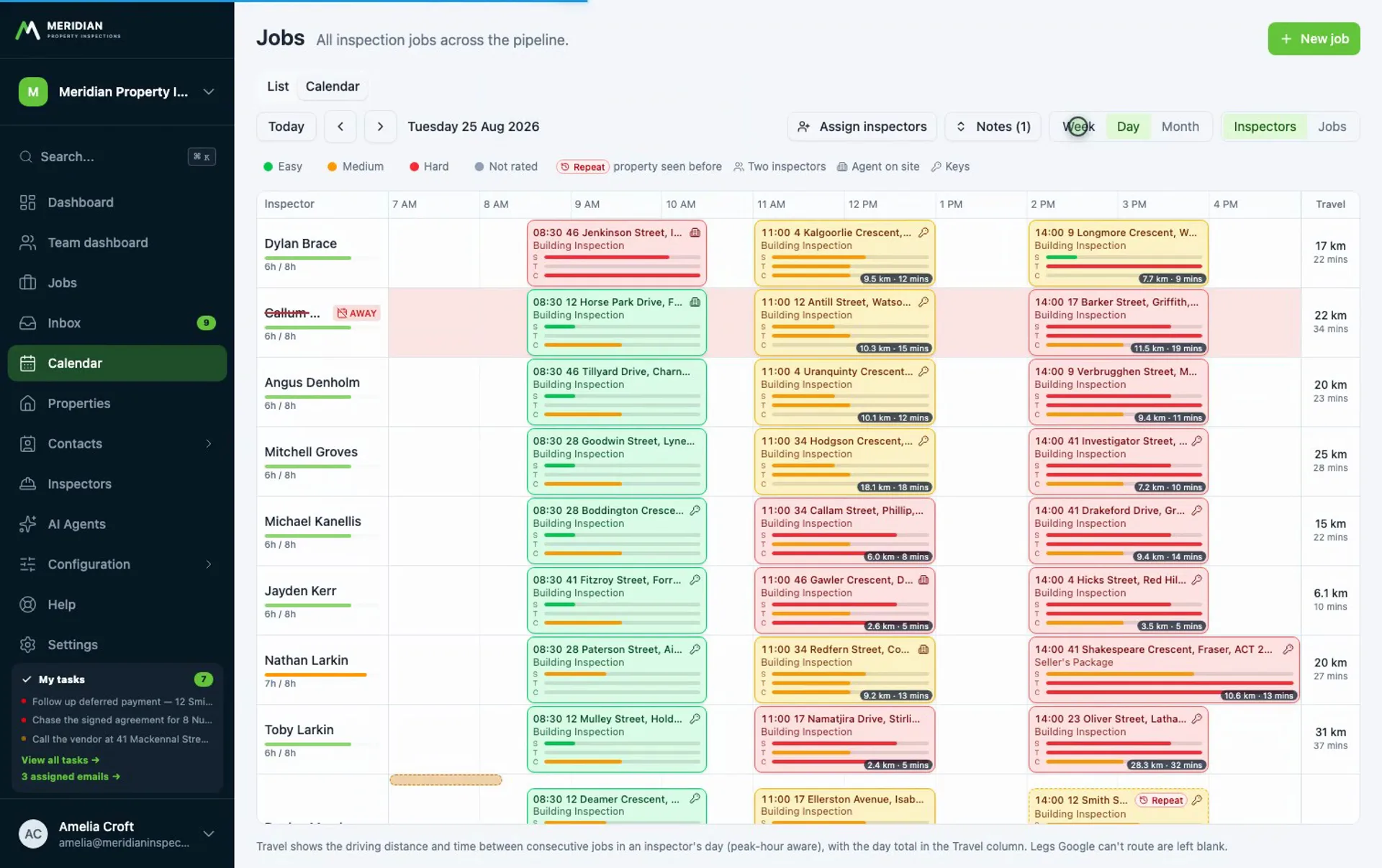 Screen recording of the day, week and month calendar views and bulk inspector assignment