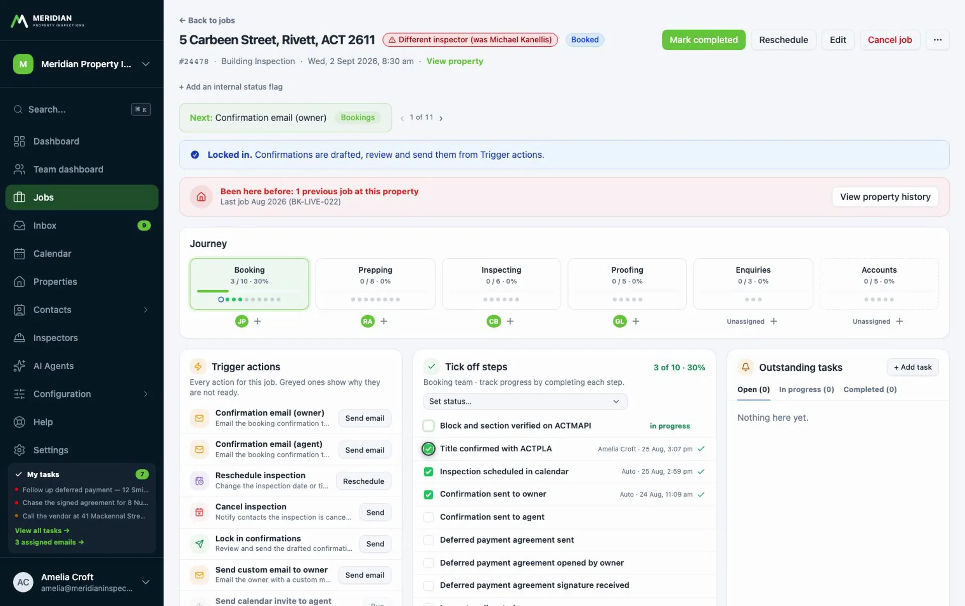 Screen recording of the job page, its journey lanes, step checklist, trigger actions and communications log