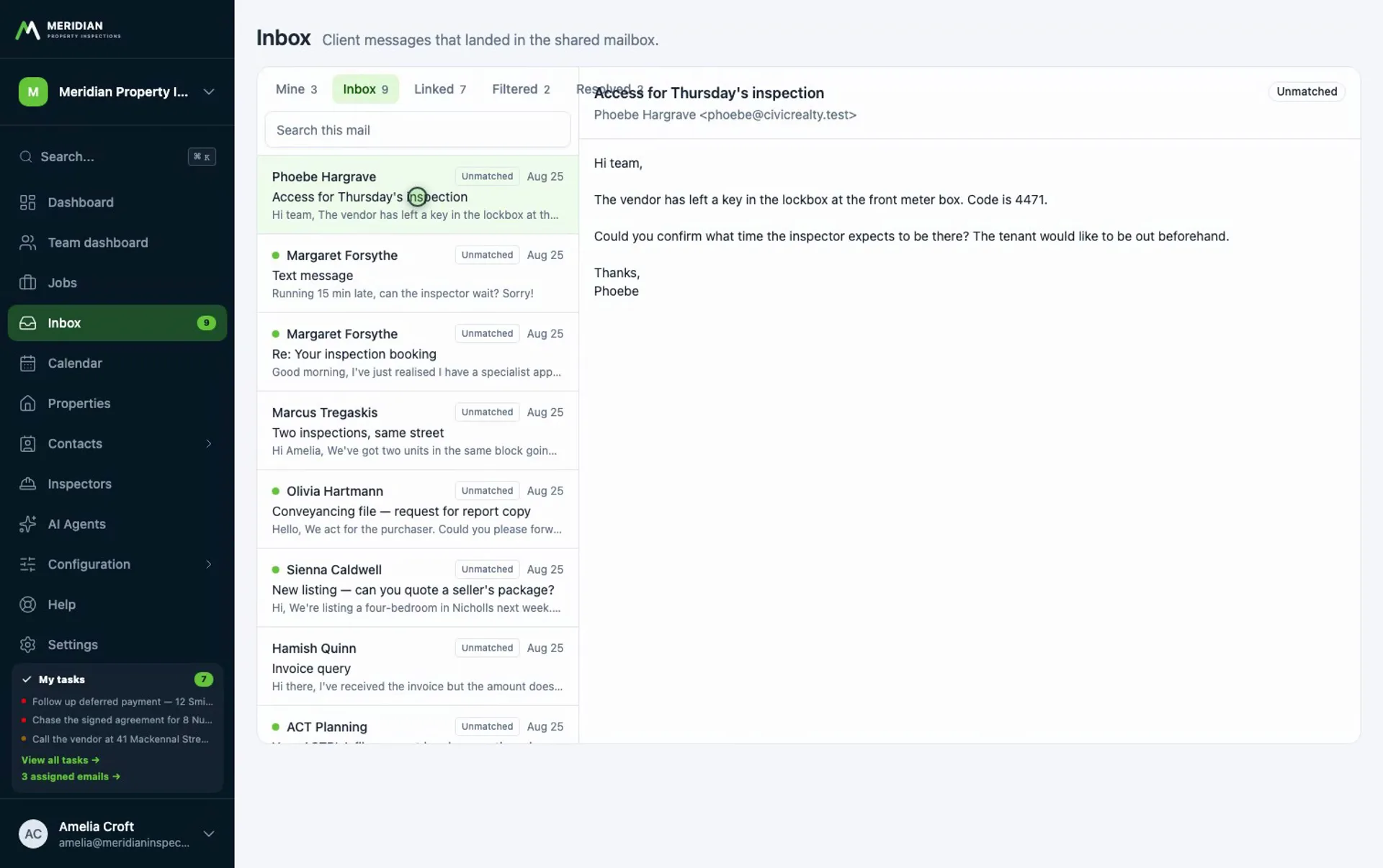 Screen recording of the shared inbox being triaged and filed against jobs